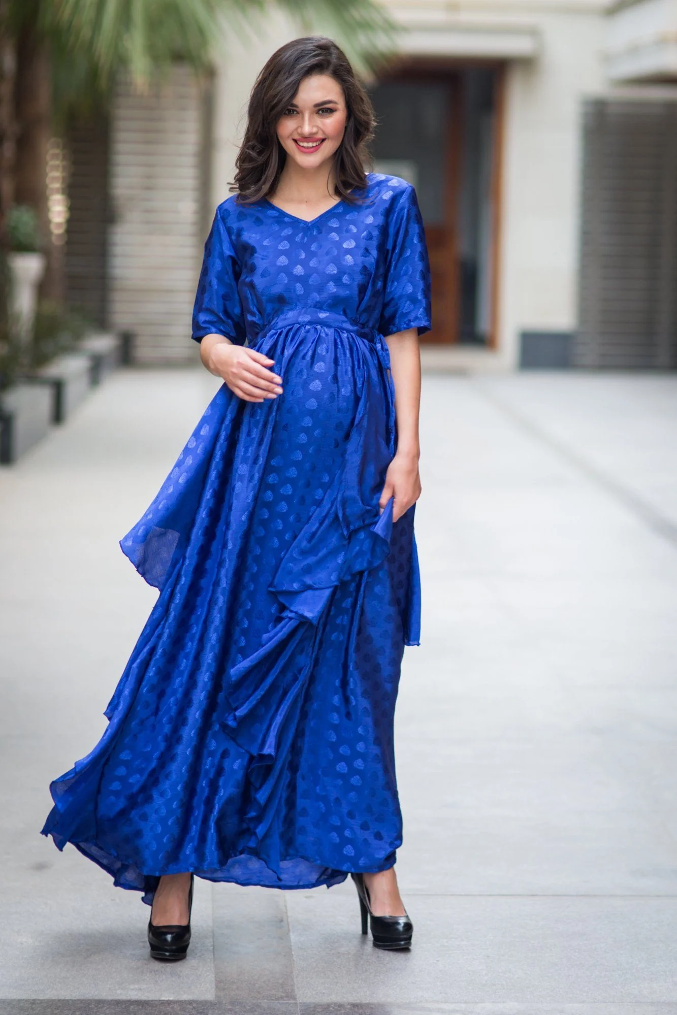 Luxe Electric Blue Embellished Satin Maternity Dress - Chenance