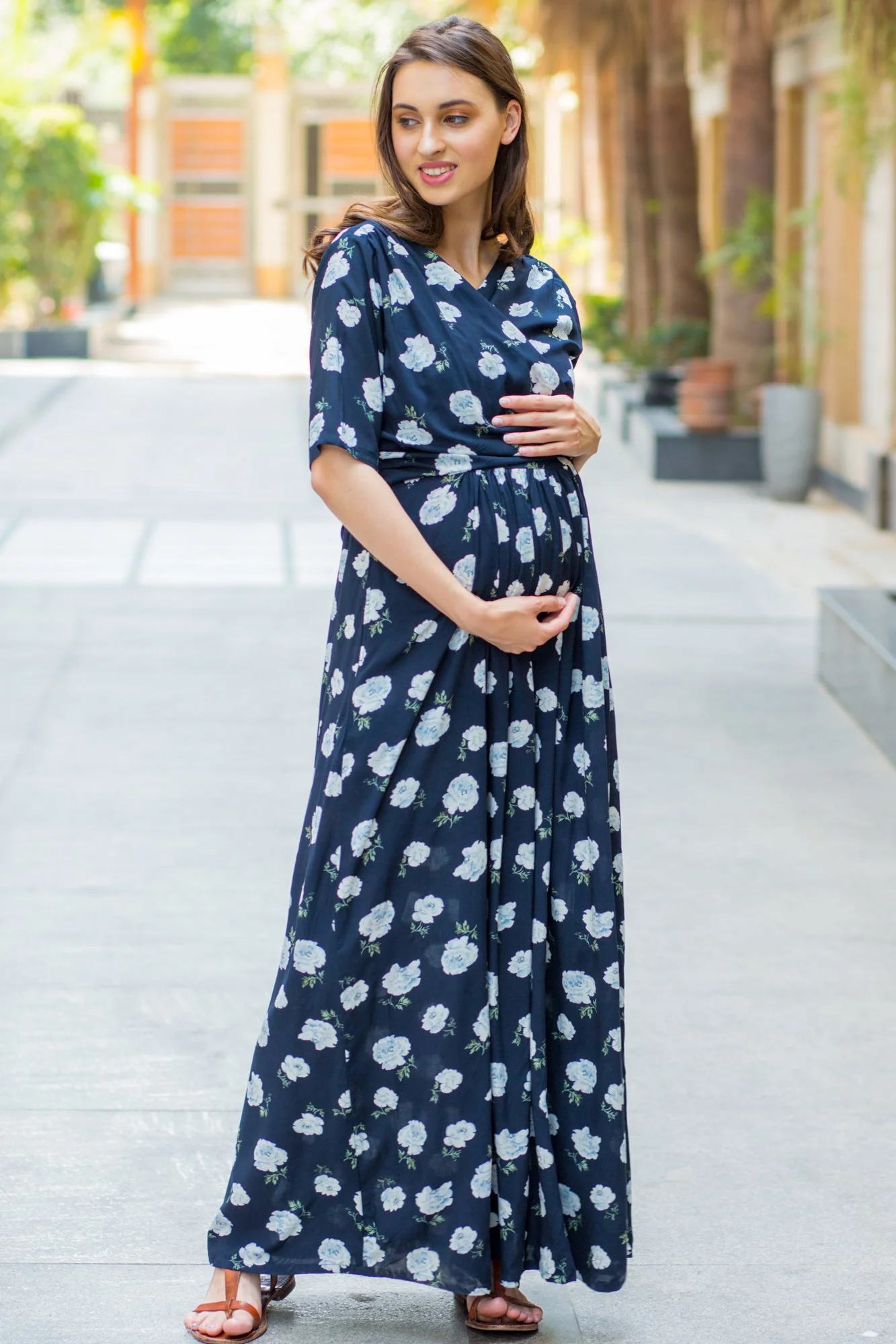 Navy White Blossom Maternity & Nursing Wrap Dress - Chenance