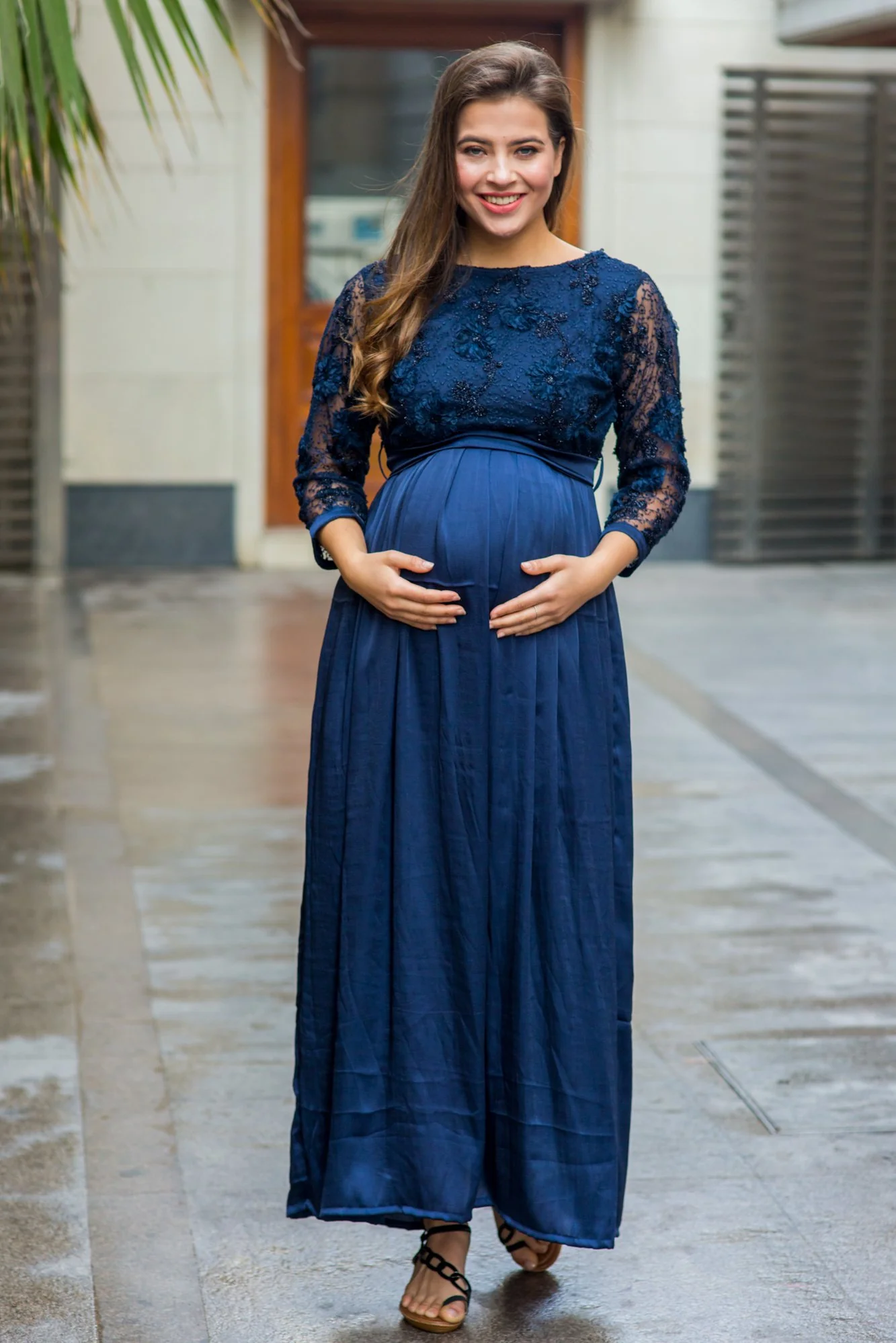 Luxe Elegant Blue Lace Embroidered Maternity Dress - Chenance