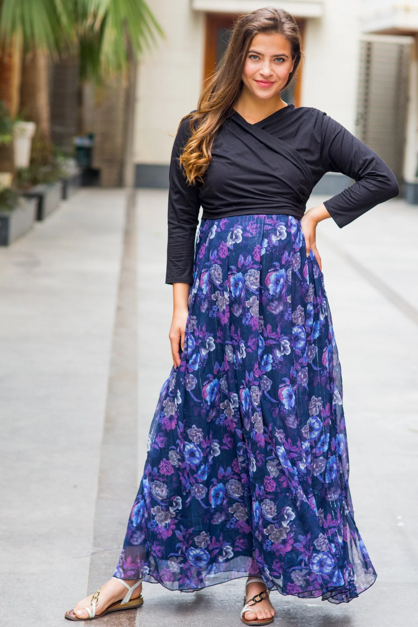 Luxe Violet Floral Chiffon Maternity & Nursing Wrap Dress - Chenance