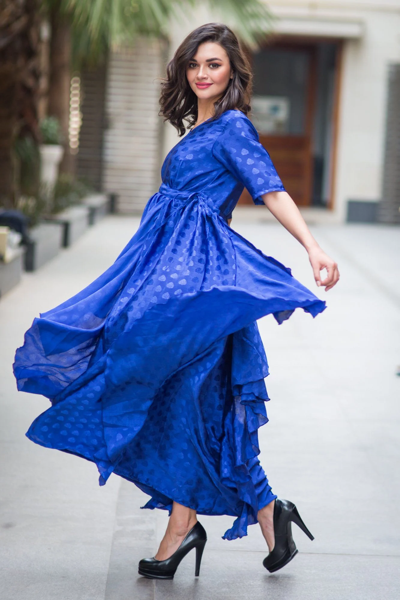 Luxe Electric Blue Embellished Satin Maternity Dress - Chenance