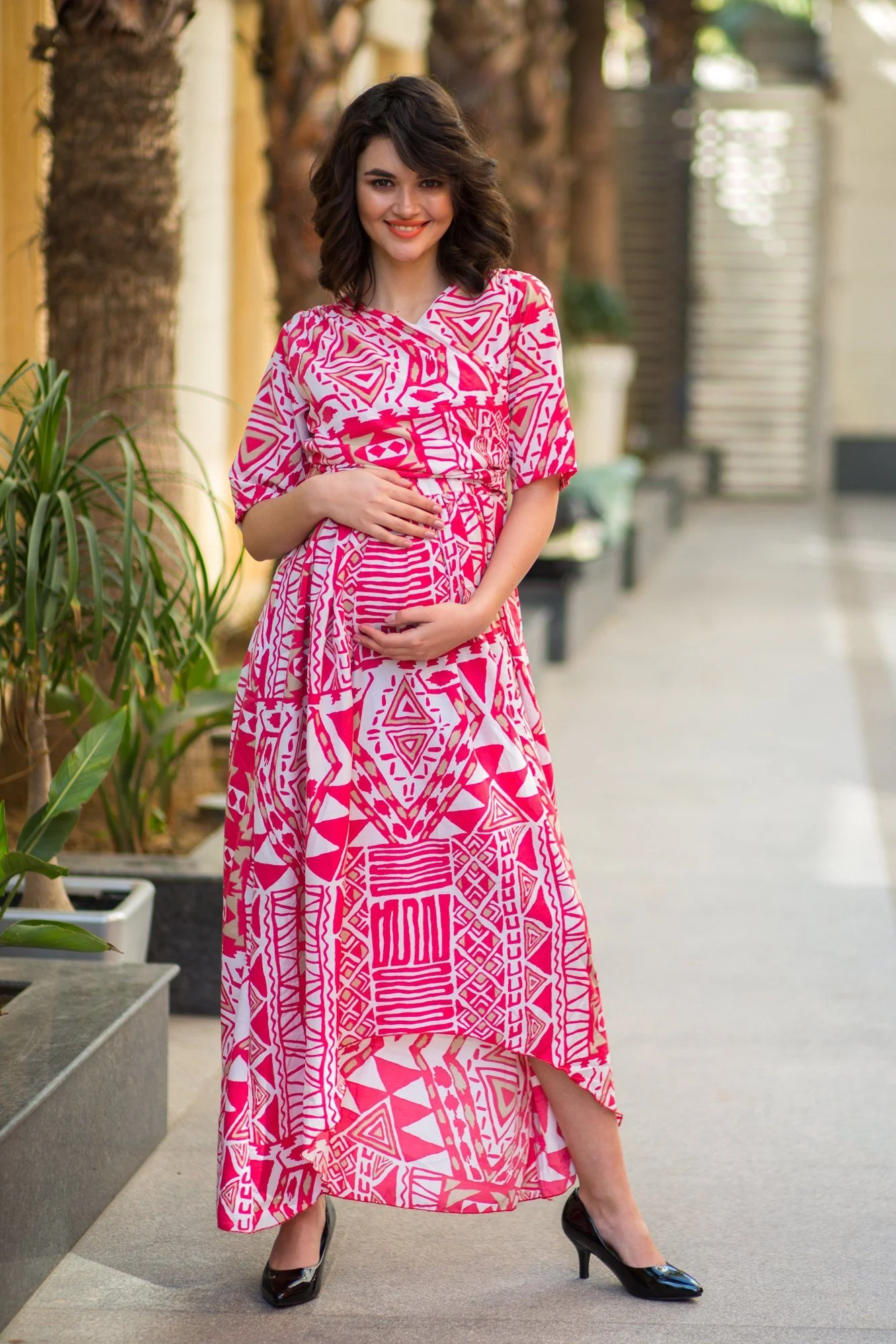 Cosmo Pink Abstract High-Low Maternity & Nursing Wrap Dress - Chenance