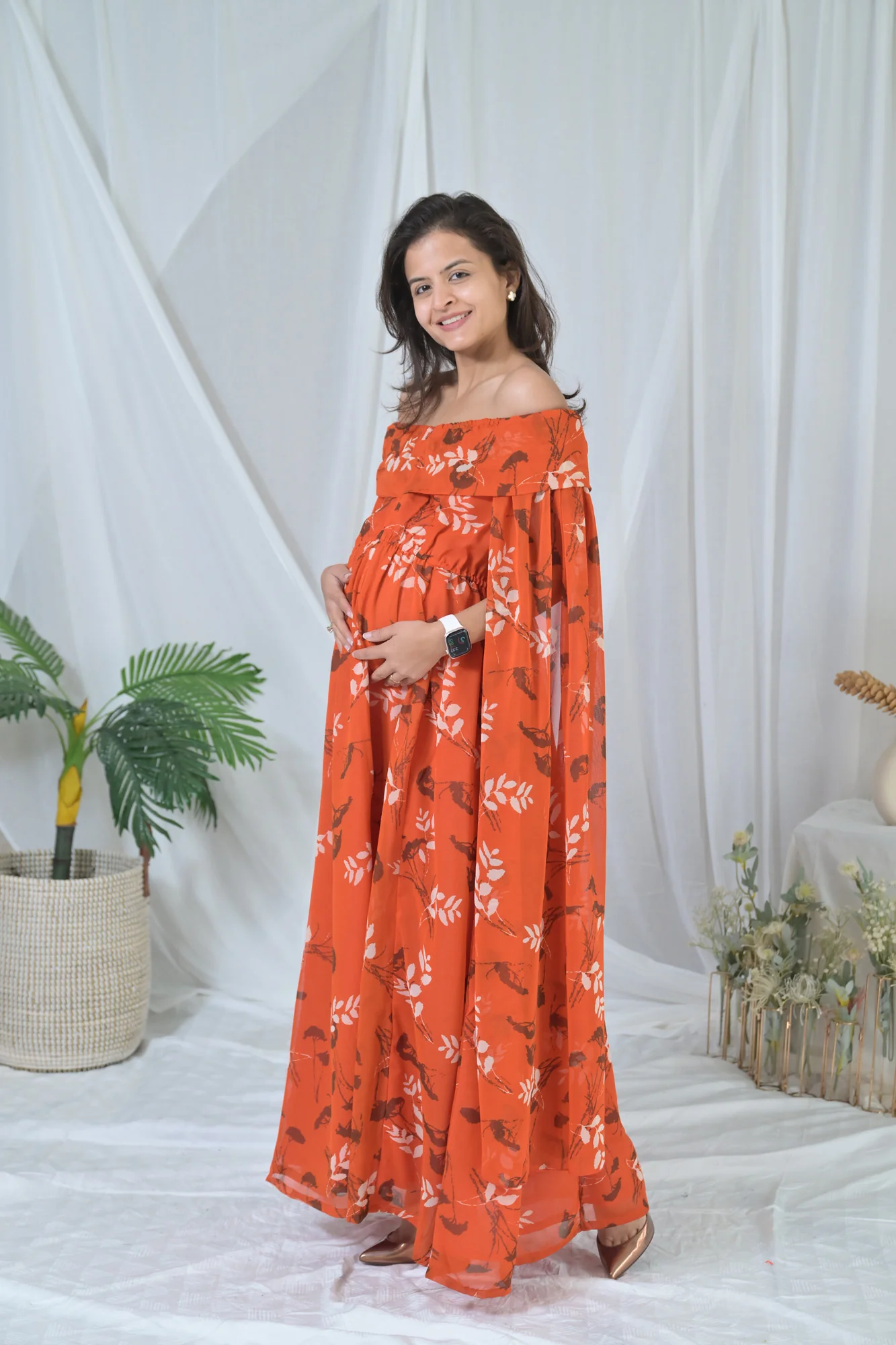 Elegant Rust Floral Butterflying Sleeves Maternity & Nursing Dress - Chenance