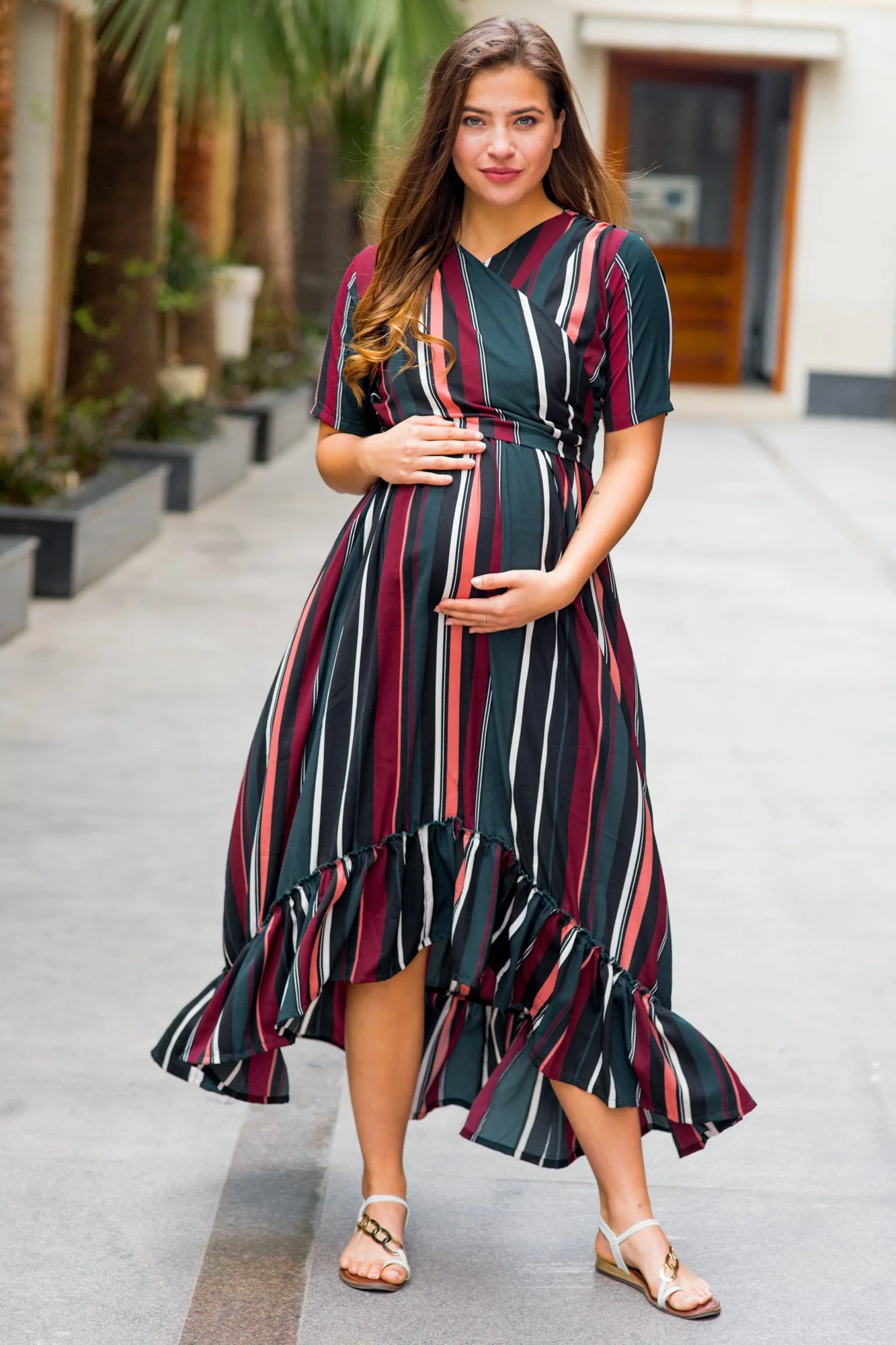 Royal Multi Striped Maternity & Nursing Wrap Dress - Chenance