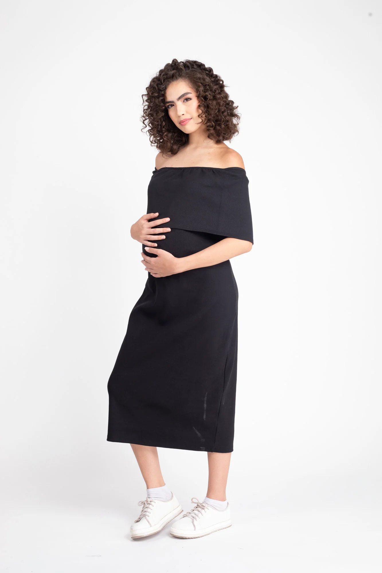 Glamorous Ribbed Black Maternity Bodycon Off-Shoulder Dress - Chenance