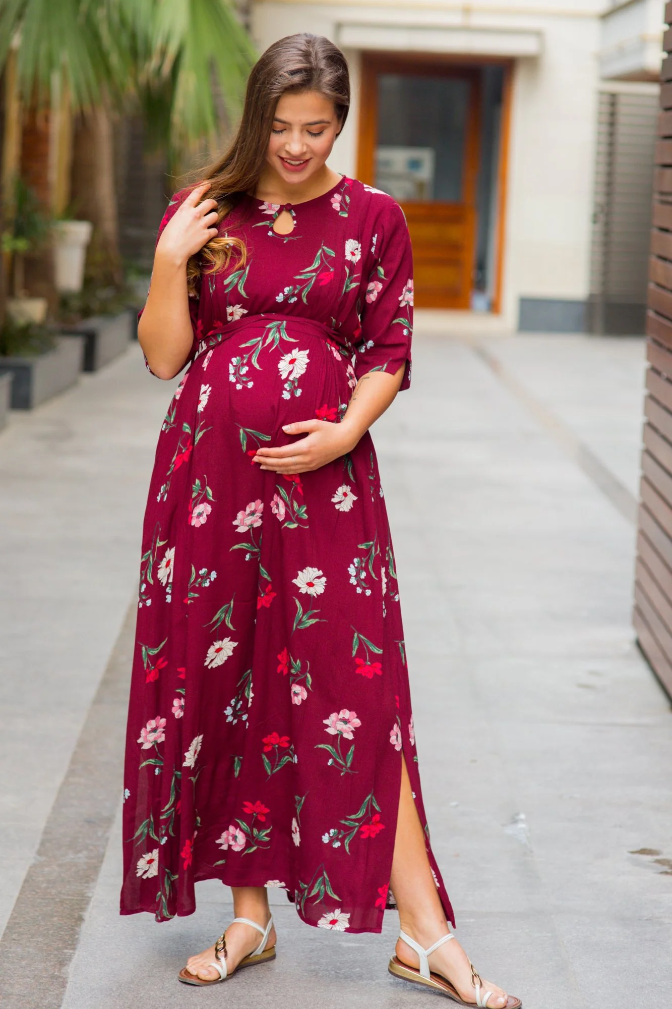 Burgundy Floral Side Slit Concealed Zips Feeding Dress - Chenance