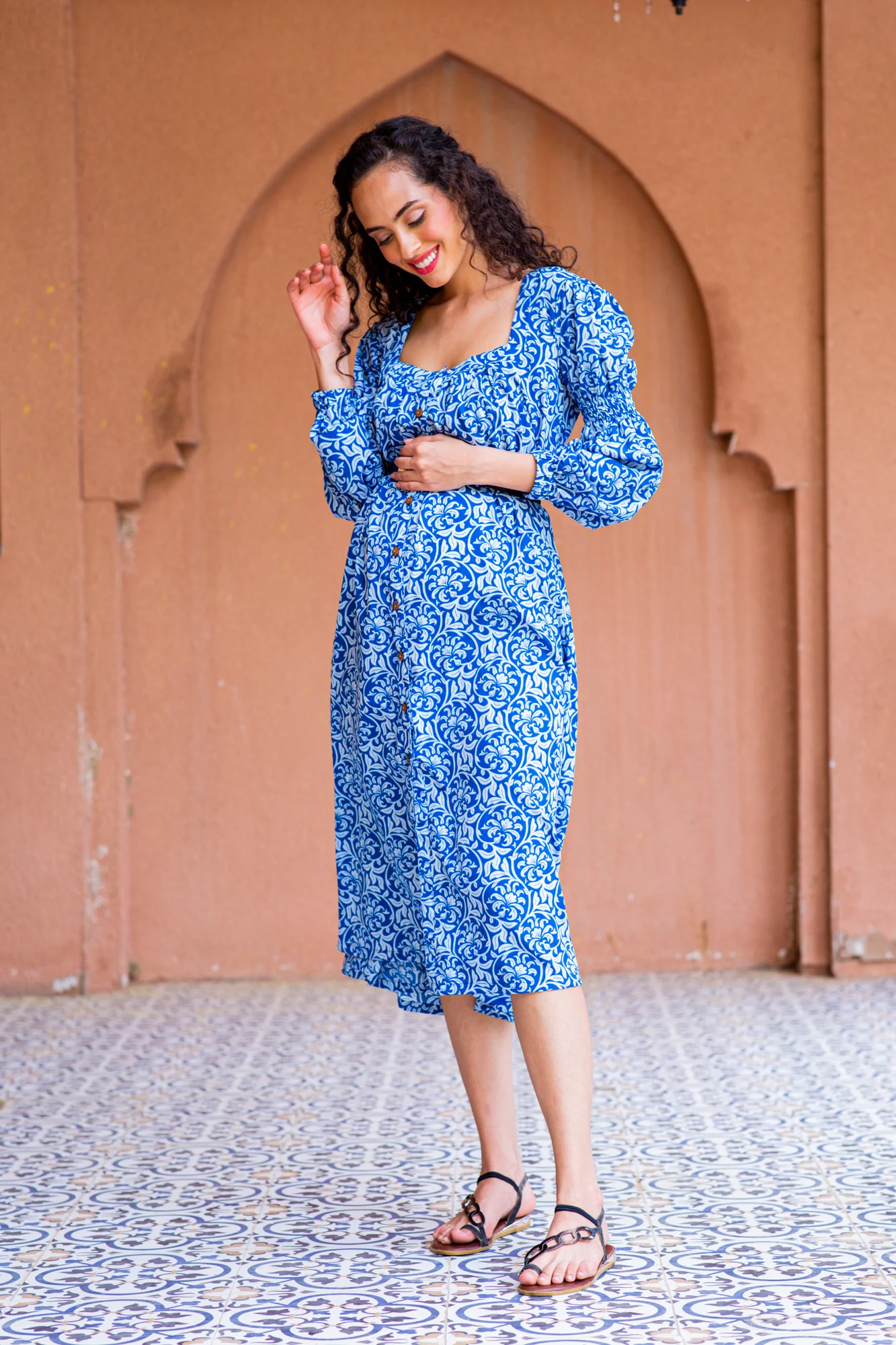 Intricate Azure Maternity & Nursing Dress - Chenance