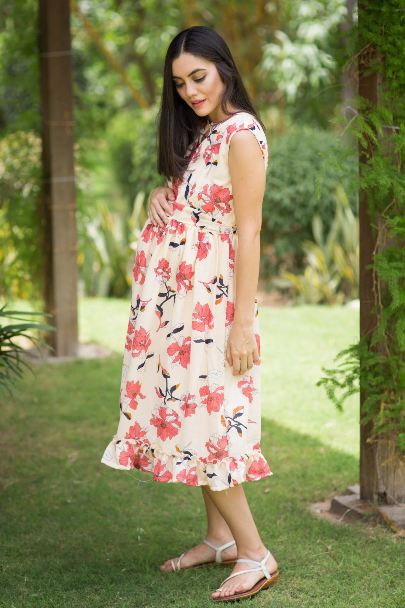 Off-White Floral Frill Maternity & Nursing Dress - Chenance