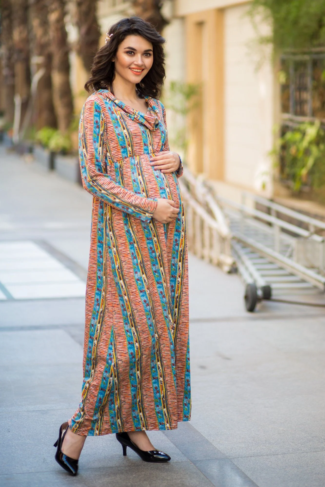 Printed Cowl Neck Off-shoulder Lycra Maternity Maxi Dress - Chenance
