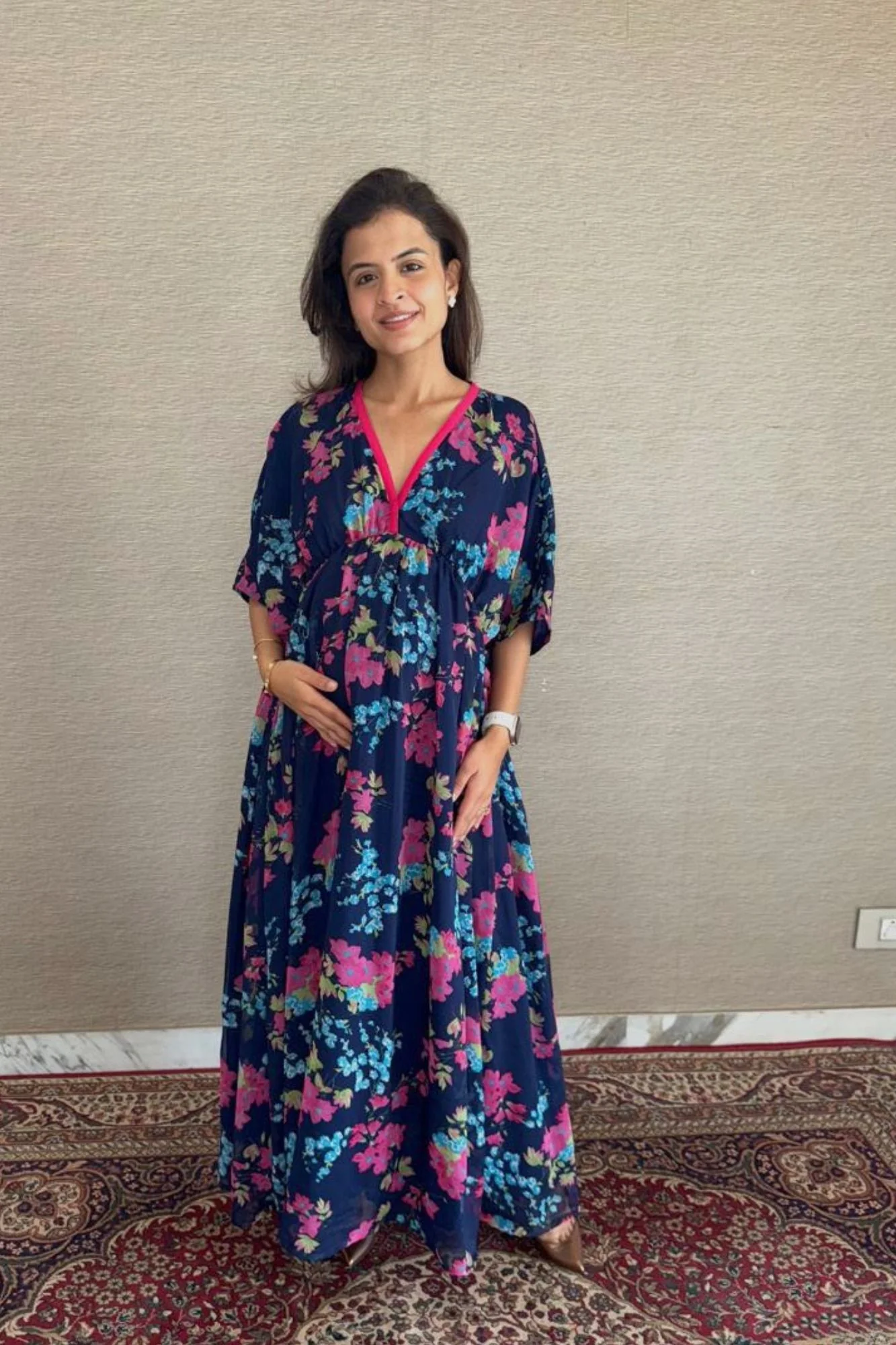 Midnight Blue Floral Maternity Kaftan Dress - Chenance