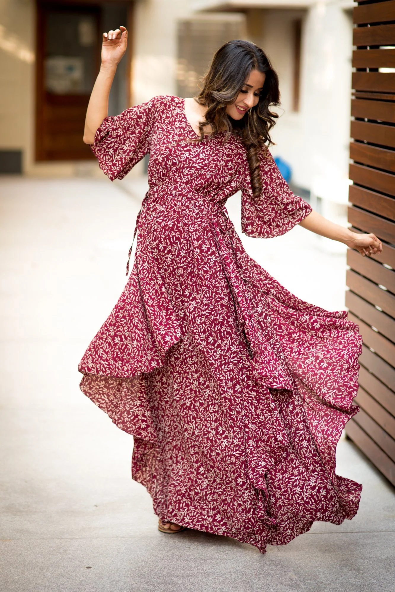 Luxe Wine Leafy Bubble Georgette Maternity Dress - Chenance