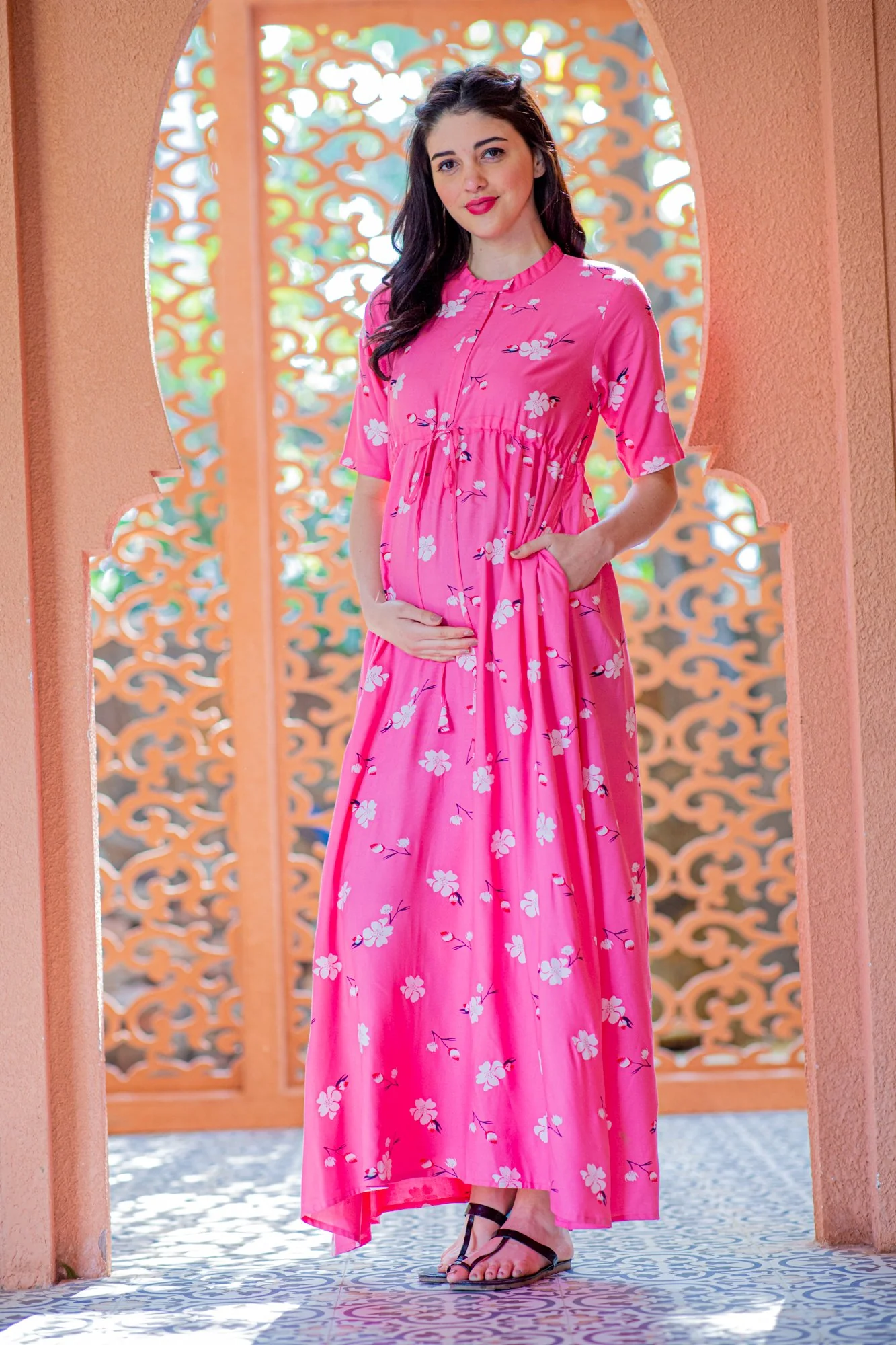 Rose Pink Maternity & Nursing Dress / Delivery Gown/ Night Dress - Chenance