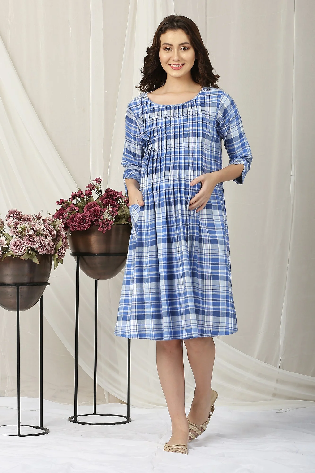 Blue Checks Maternity & Nursing Pintuck Dress - Chenance