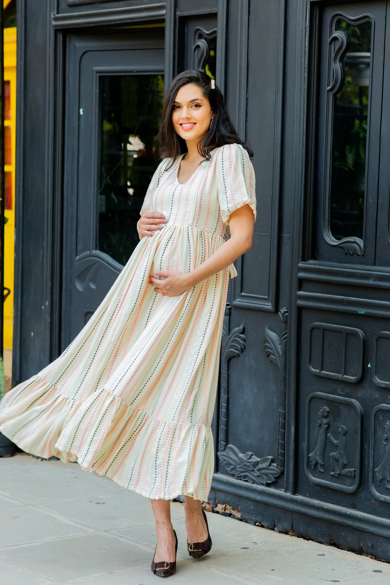 Off White Salmon Striped Long Maternity & Nursing Dress - Chenance
