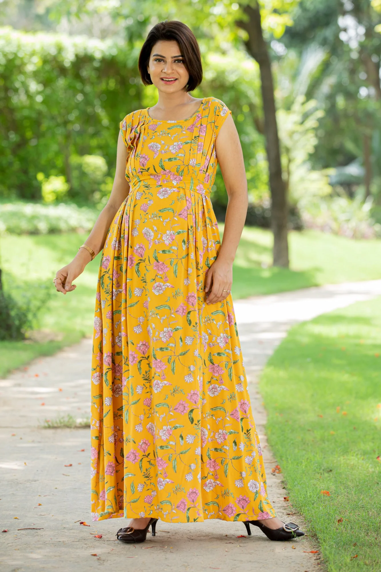 Yellow Lilly Pintucks Concealed Zips Dress - Chenance