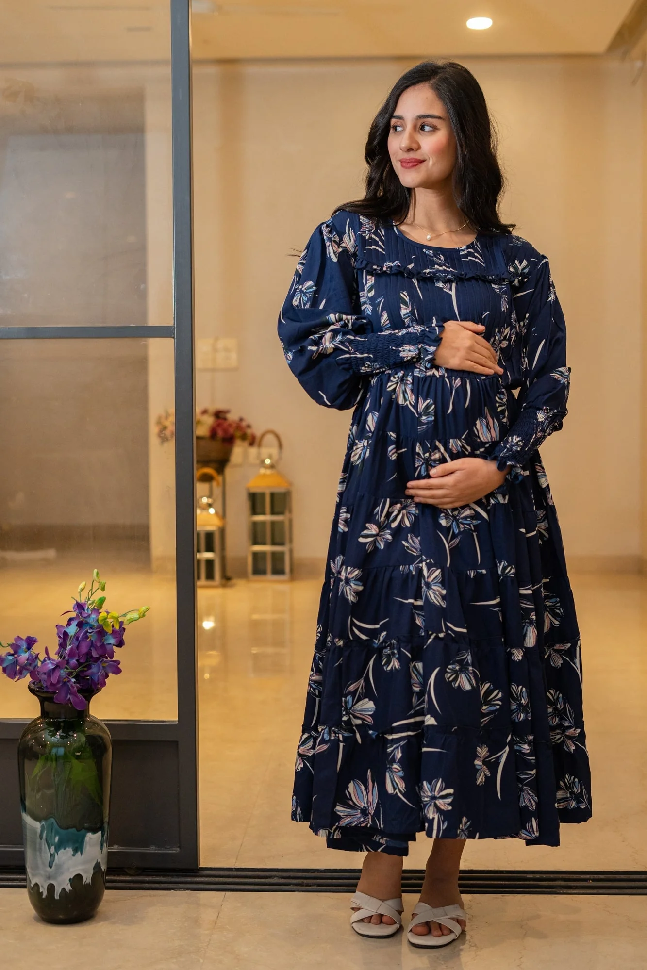 Midnight Blue Retro Crepe Blossom Formal Maternity & Nursing Pintucks Frill Dress - Chenance