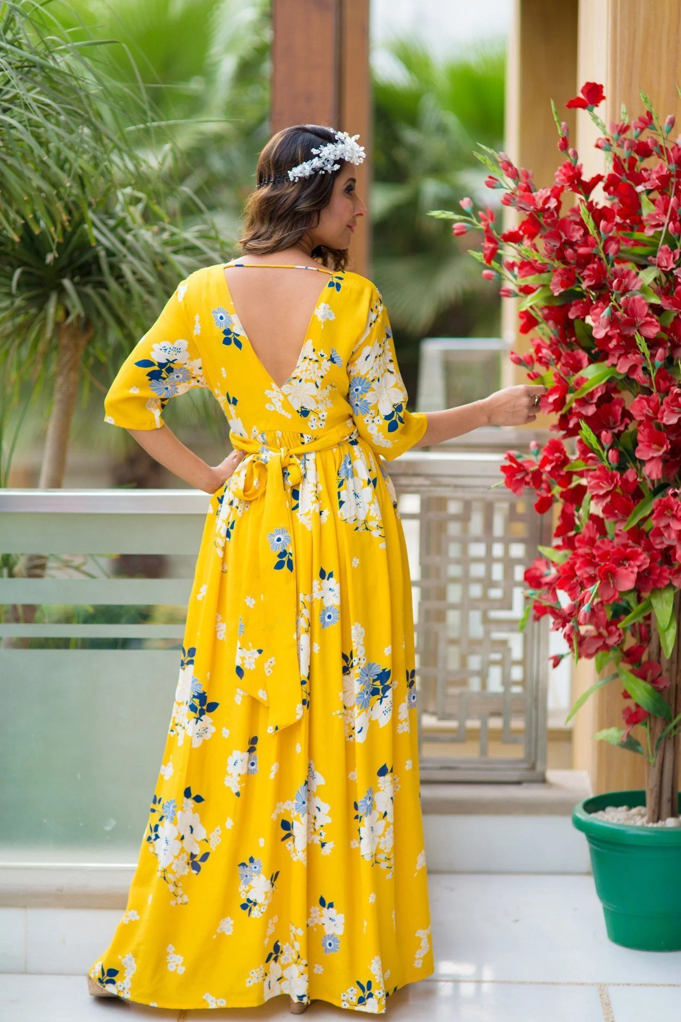 Hello Yellow Floral Maternity & Nursing Cotton Viscose Wrap Dress - Chenance
