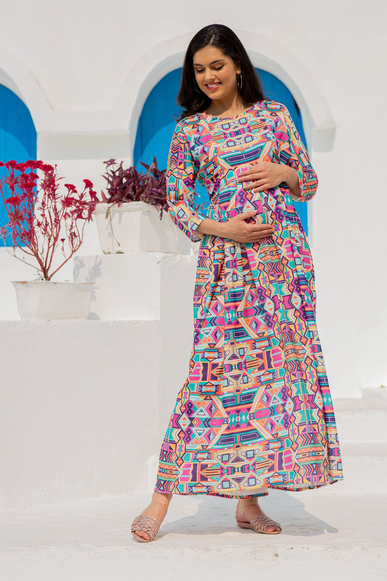 Premium Paradise Vibrant Abstract Concealed Zip Maternity & Nursing Dress - Chenance