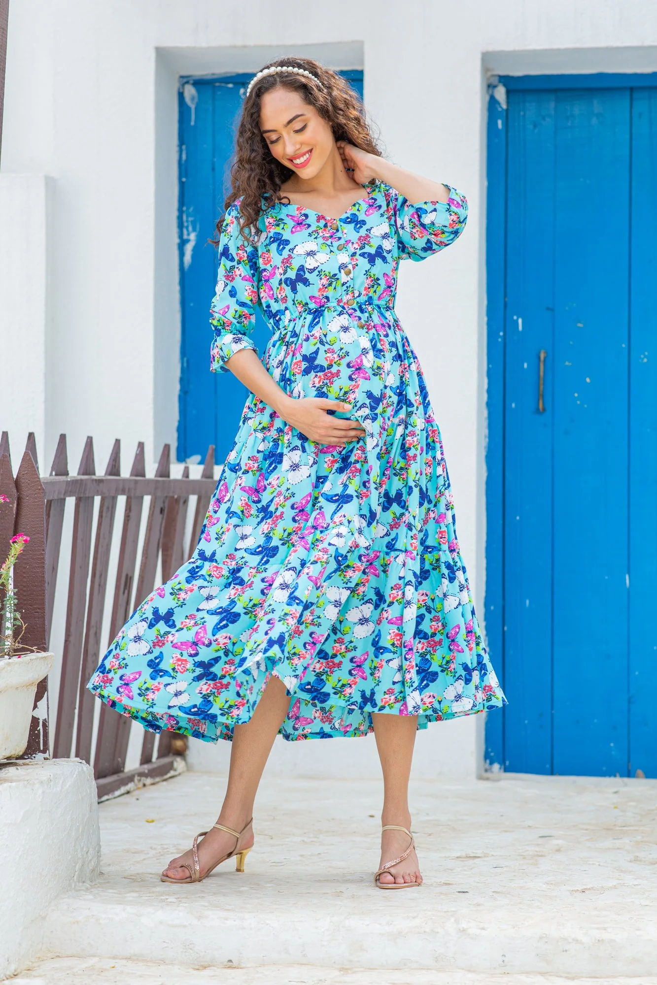 Vibrant Flowy Aqua Crepe Maternity & Nursing Dress - Chenance
