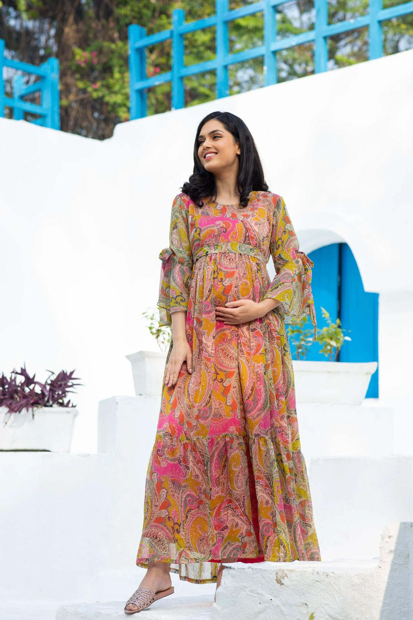 Rosy Paisley Maternity & Nursing Frill Dress - Chenance