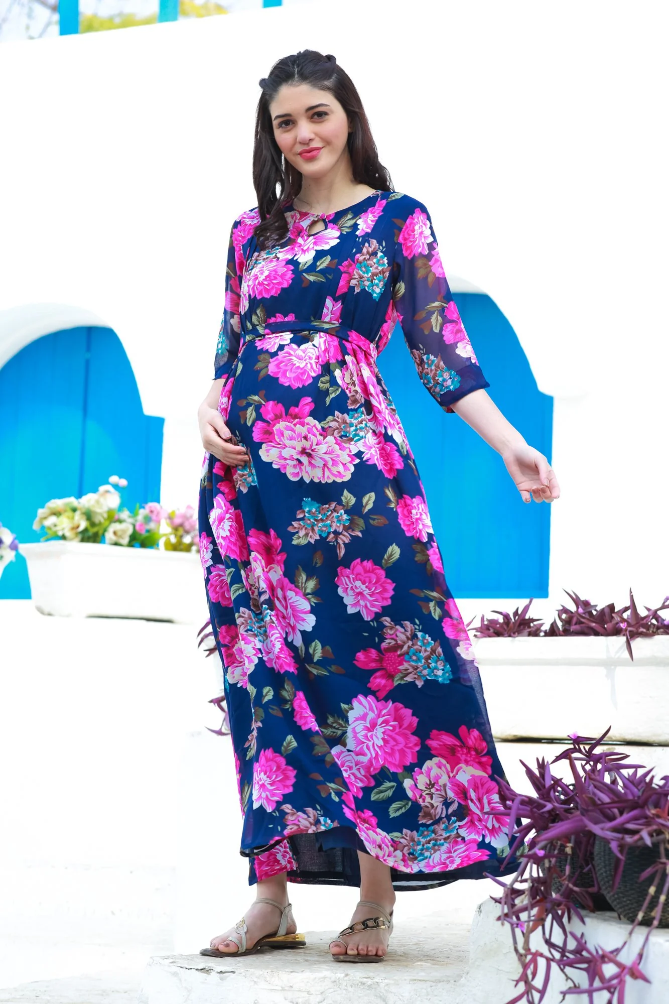Blue Floral Side Slit Maternity & Feeding Dress - Chenance