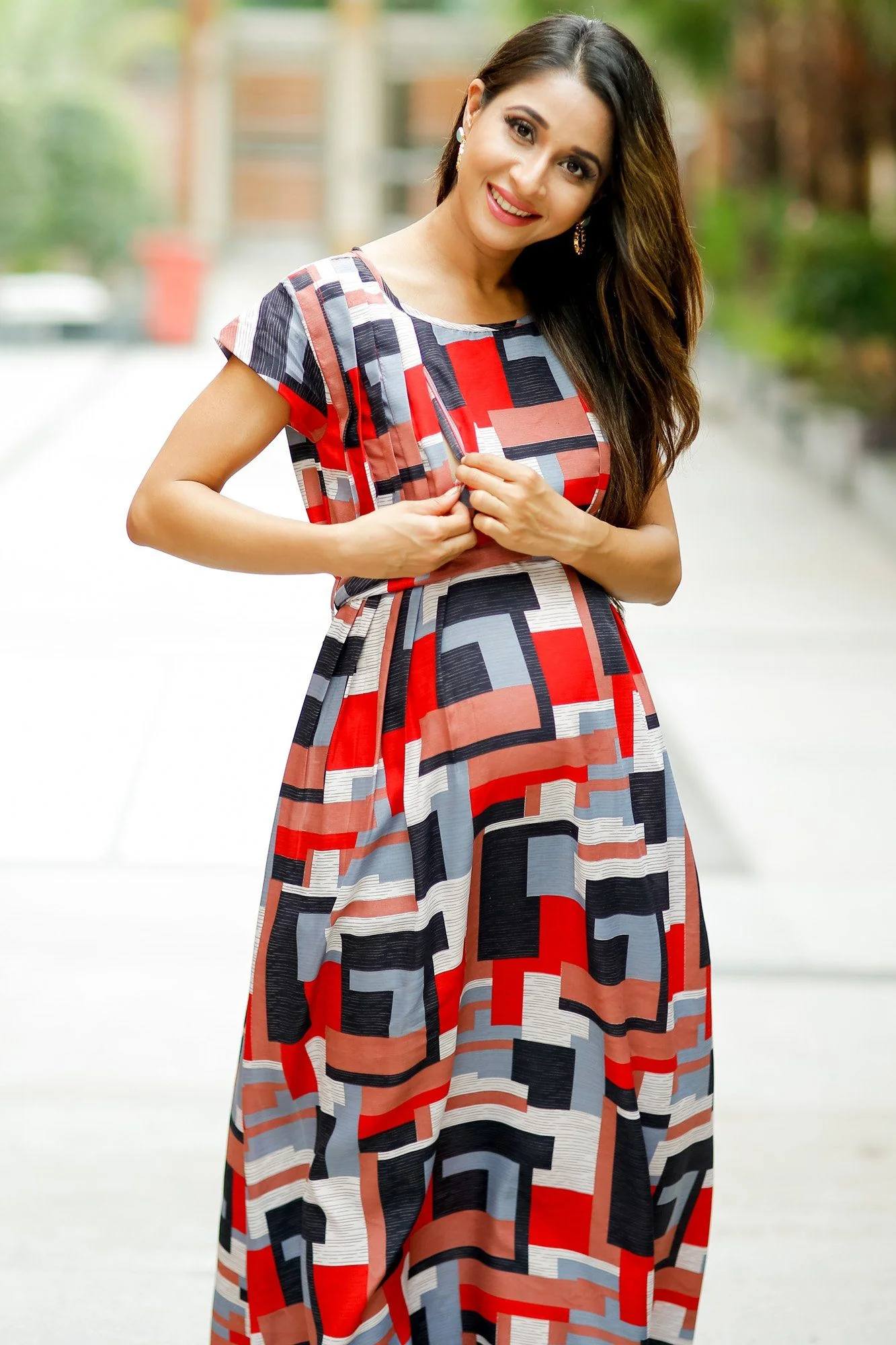 Titan Red Mosaic Pintucks Concealed Zips Dress - Chenance