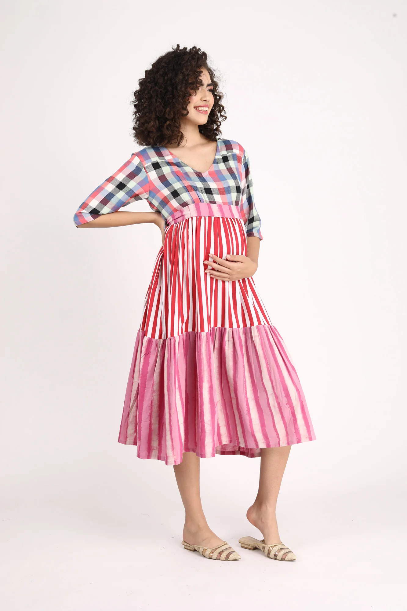 Boho Chic Striped Maternity & Nursing Gathered Dress (100% Cotton) - Chenance