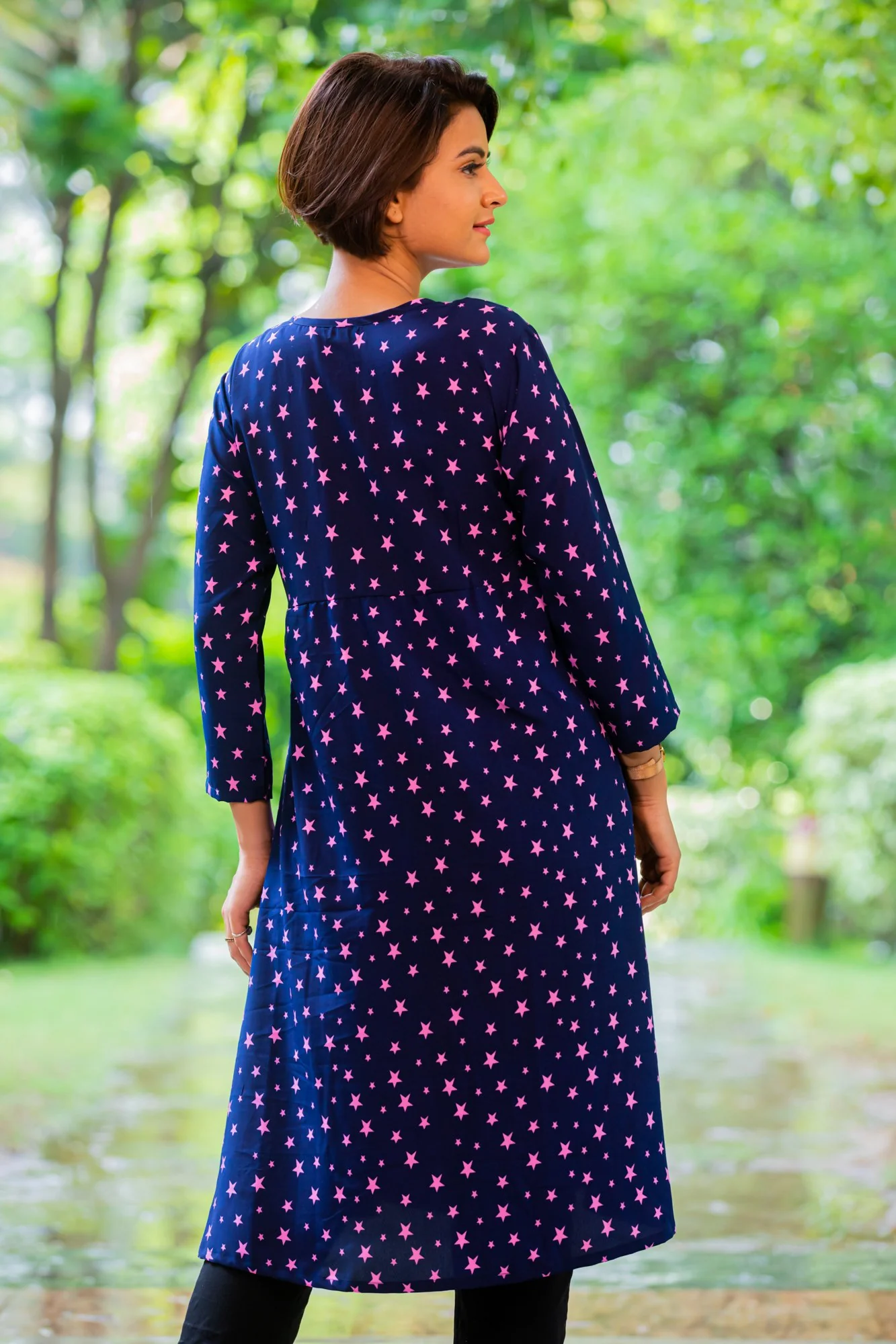 Starry Blue Maternity & Nursing Crepe Swing Dress - Chenance