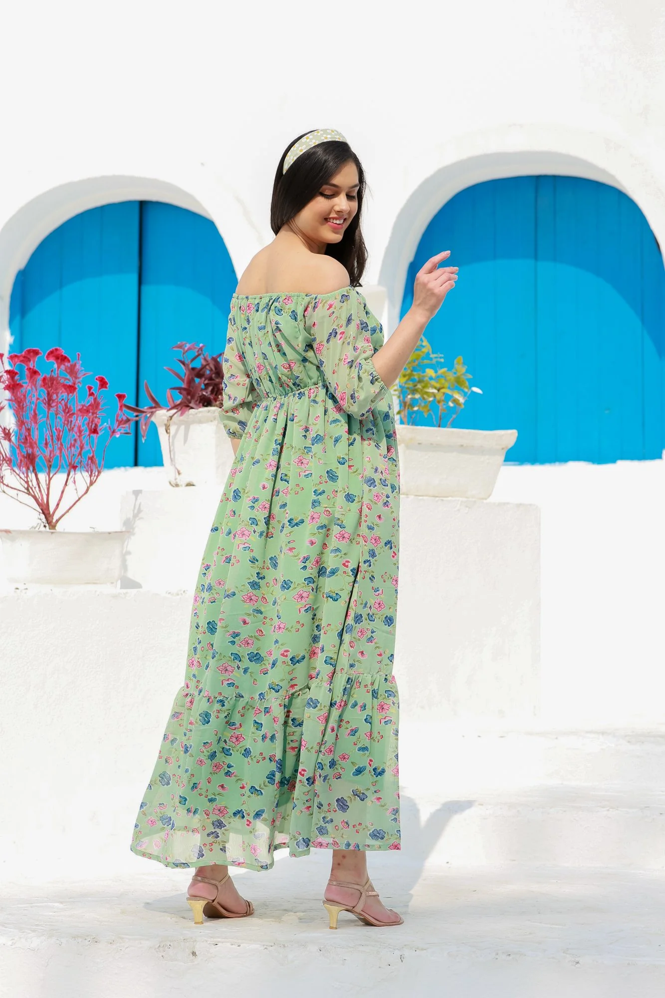 Mint Green Floral Dual Off-Shoulder Boat Neck Maternity & Nursing Maxi Dress - Chenance