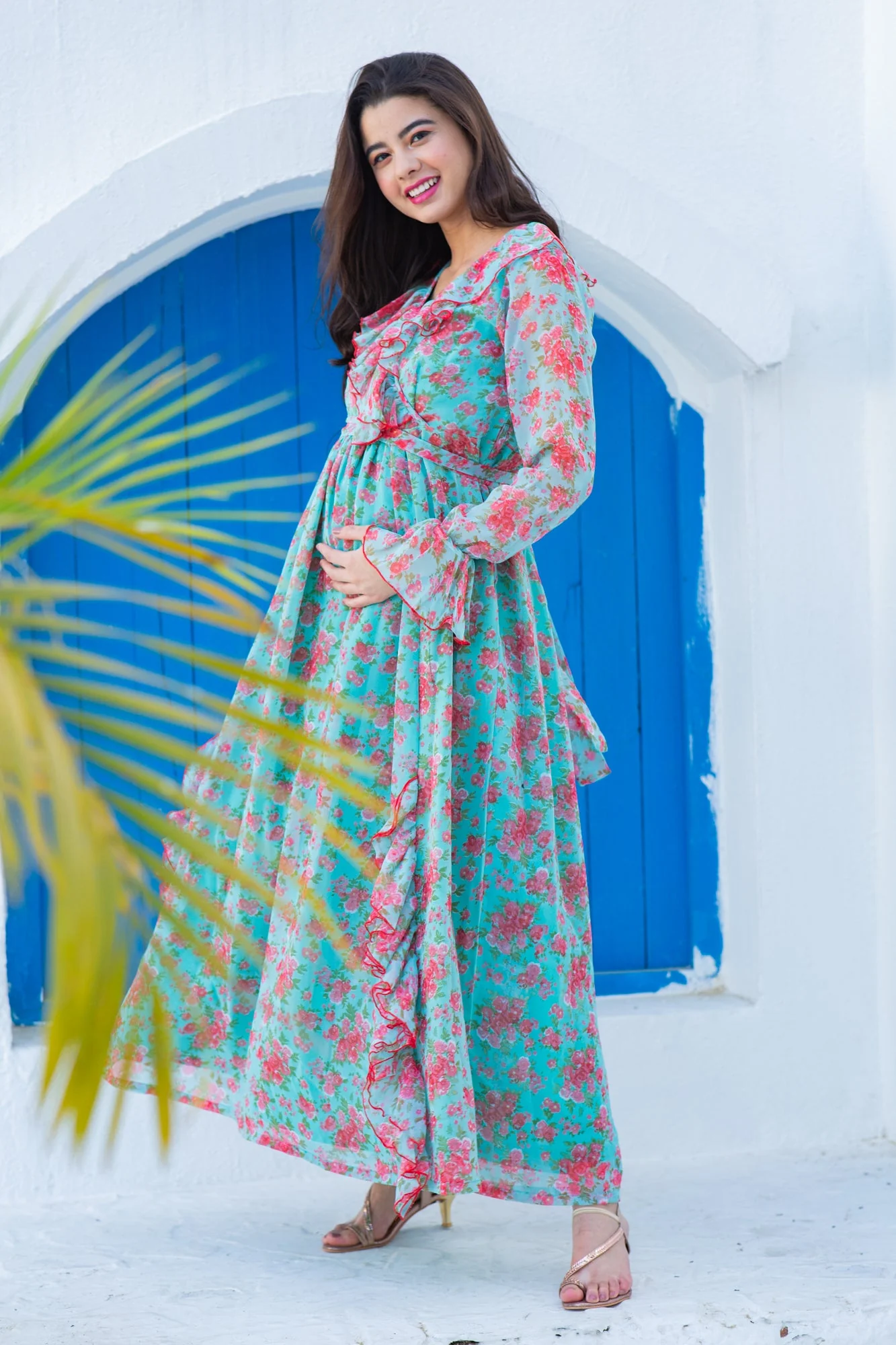 Pretty Aqua Pink Fresh Blossom Maternity Frill Dress - Chenance