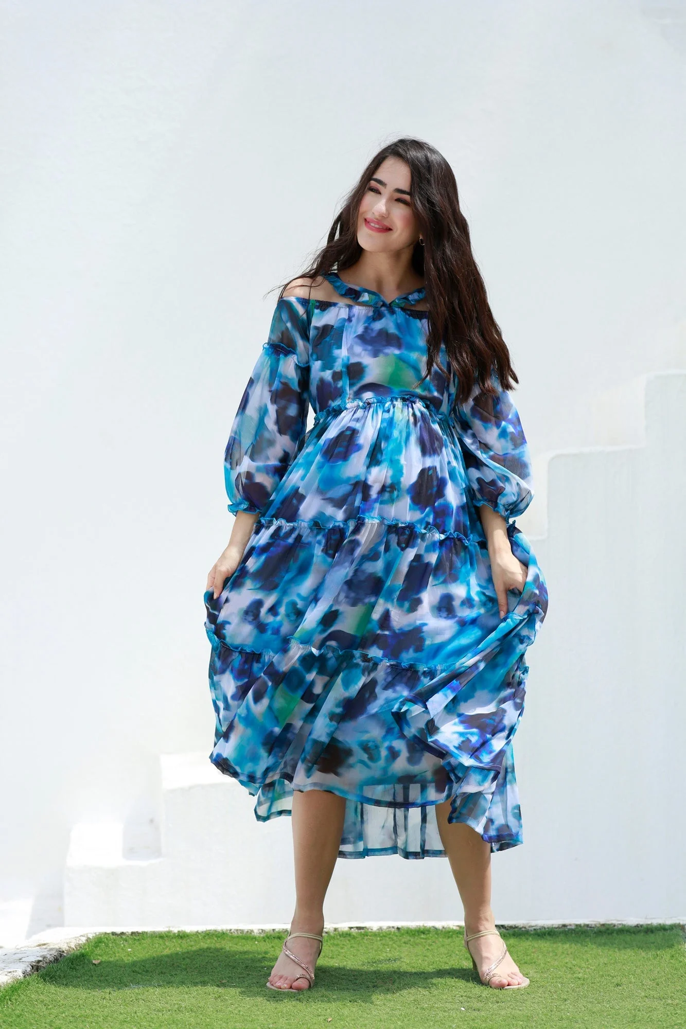 Paradise Blue Waves Halter Maternity & Nursing Frill Dress - Chenance