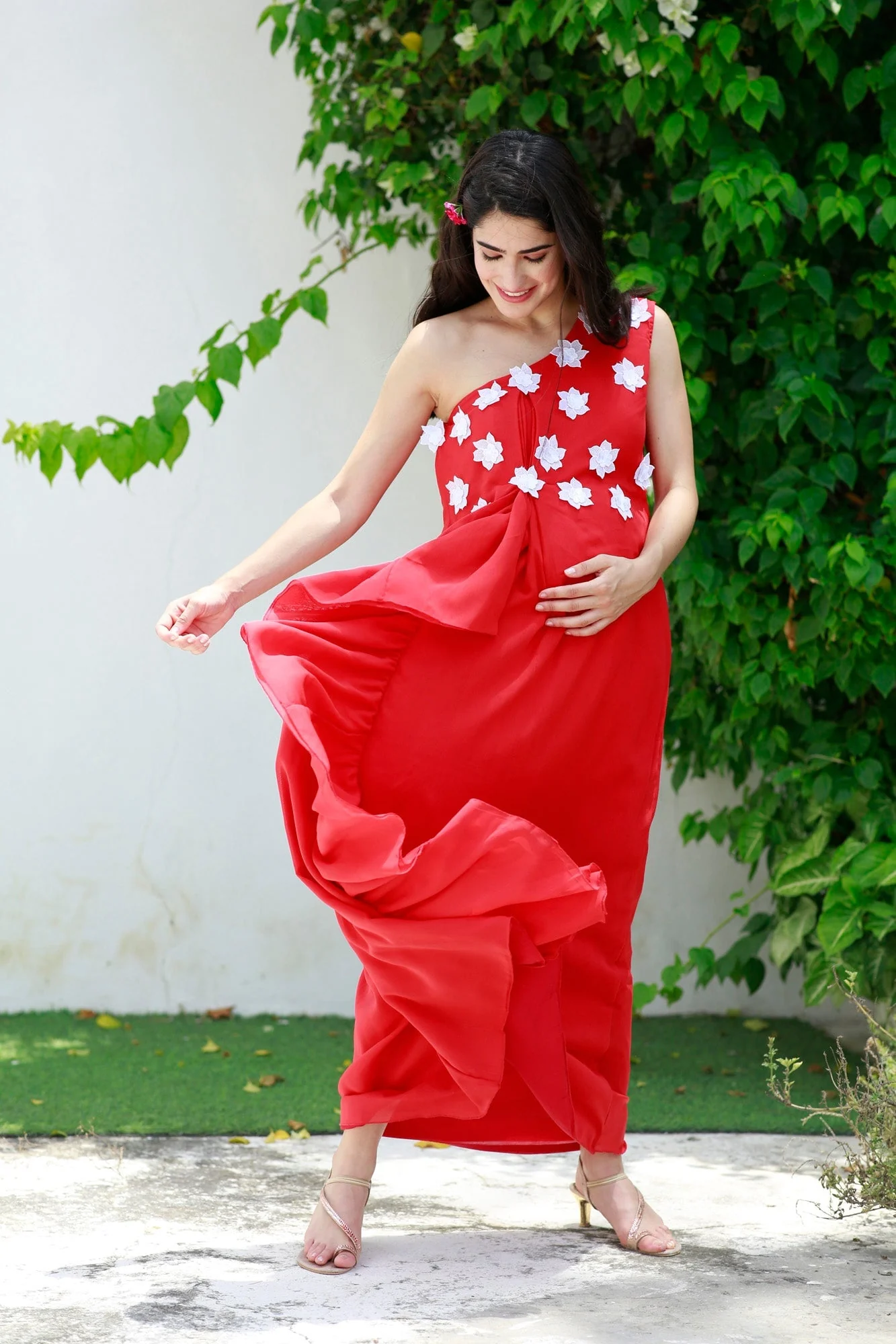 Scarlet Red One Shoulder Maternity Flow Dress - Chenance