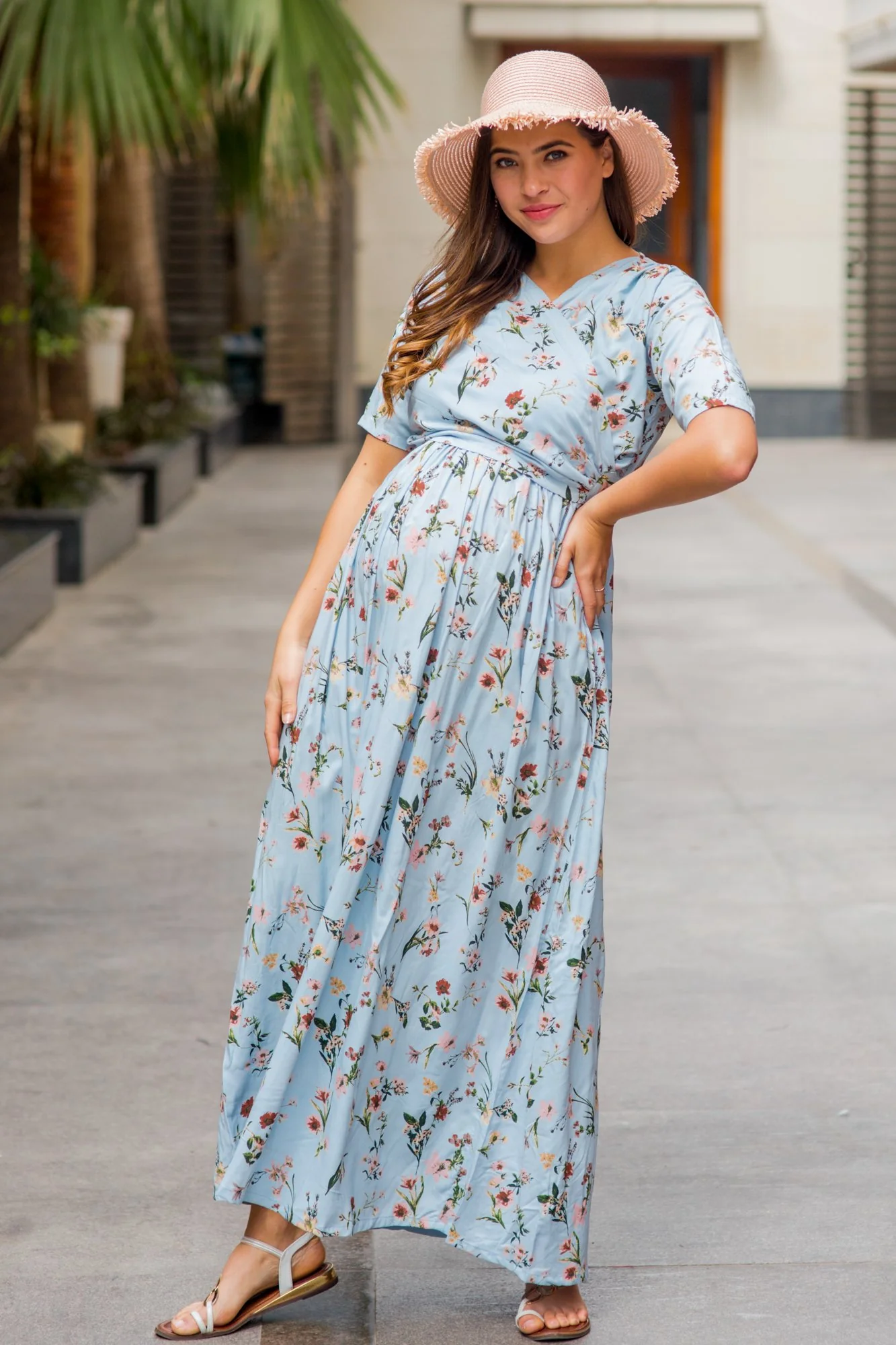 Pastel Blue Blossom Maternity & Nursing Wrap Dress - Chenance