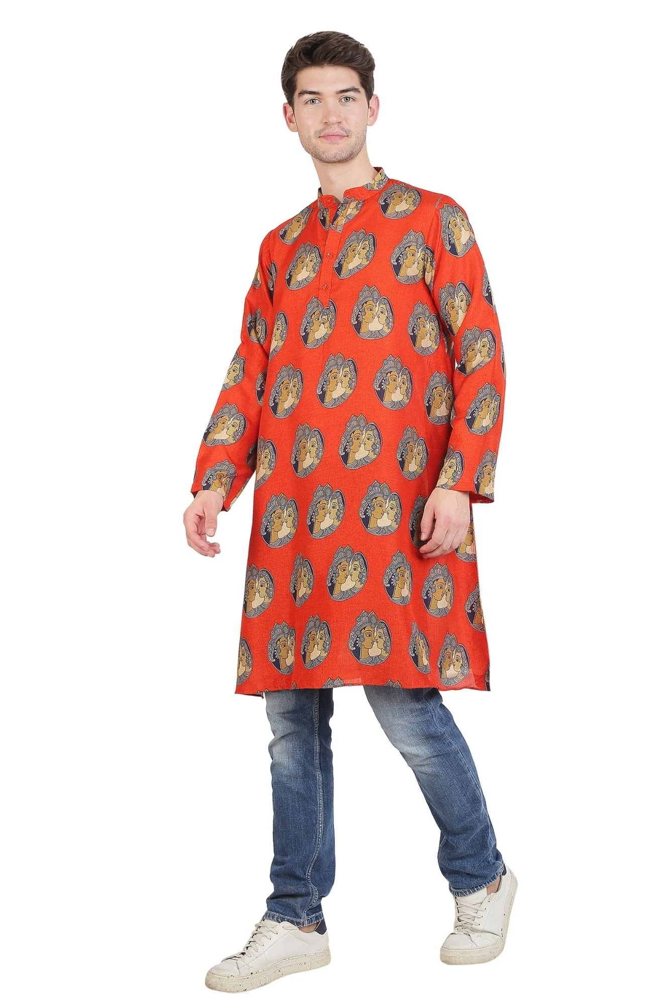 Men Apricot Kalamkari Printed Silk Kurta - Chenance