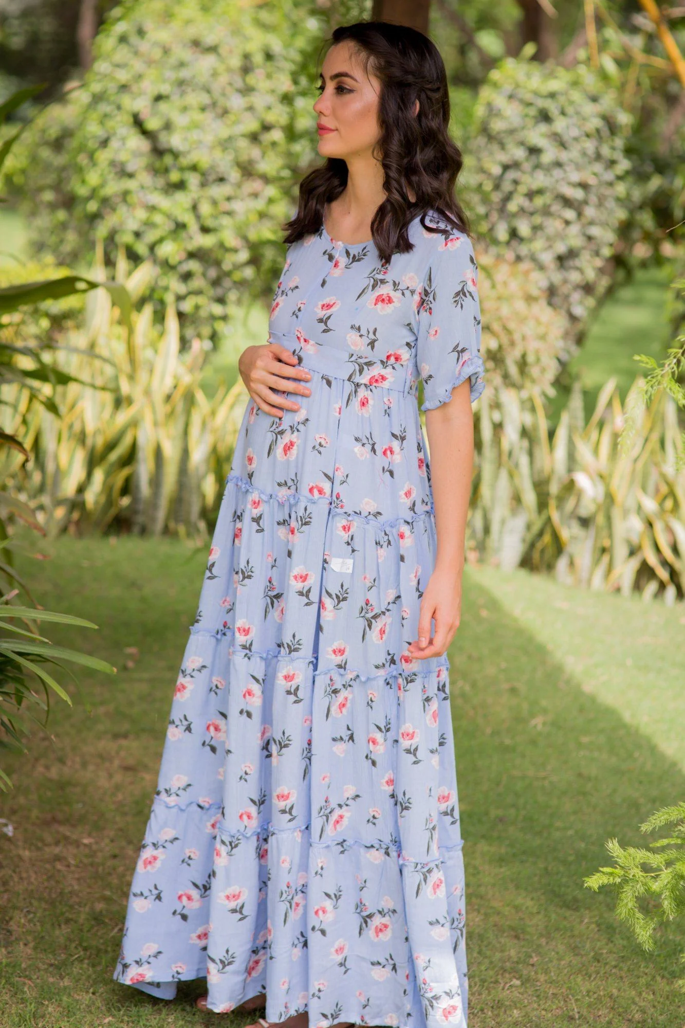 Multilayer Baby Blue Frill Maternity & Nursing Dress - Chenance