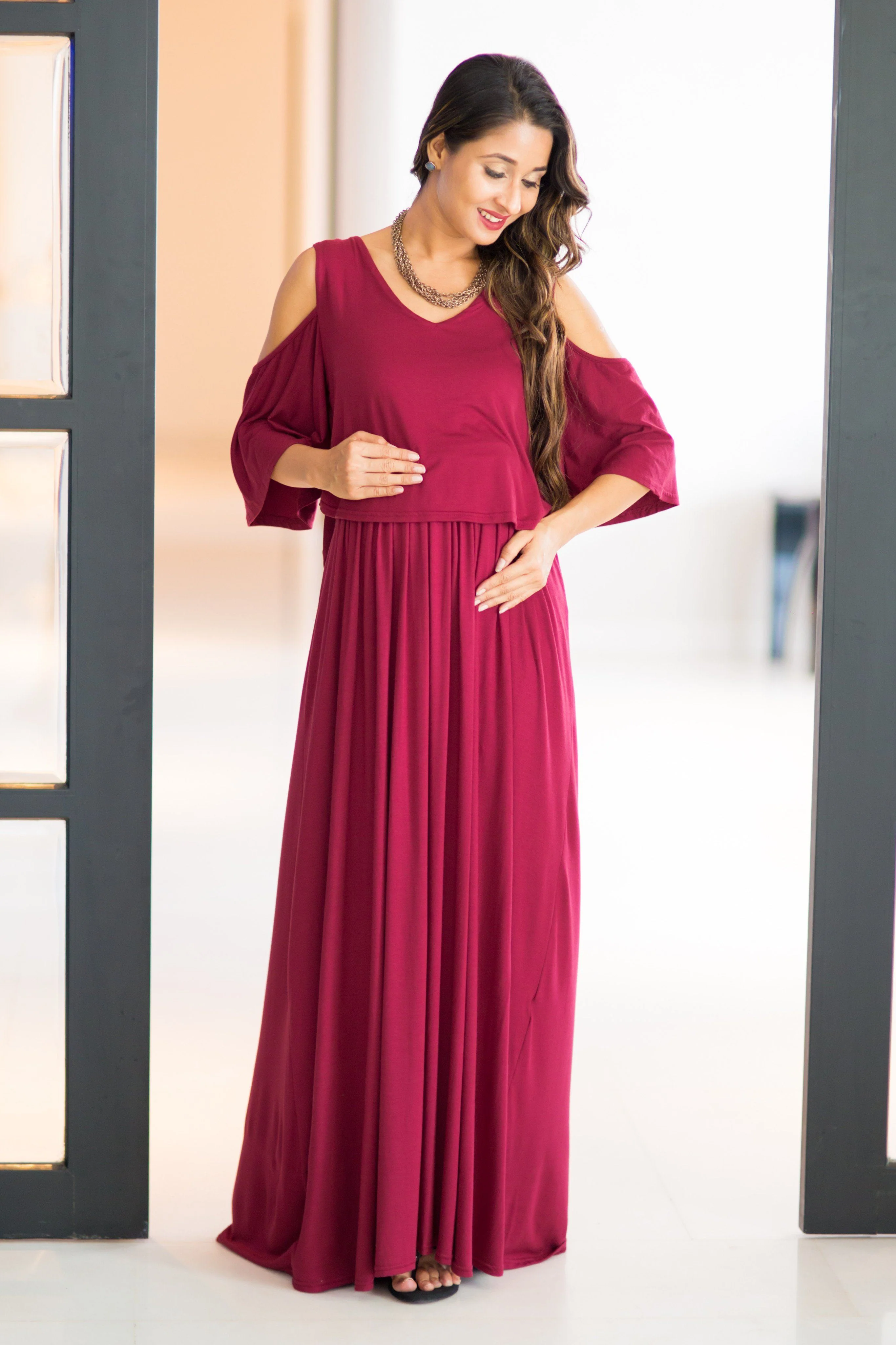 Burgandy Cold Shoulder Maternity & Nursing Maxi Dress - Chenance