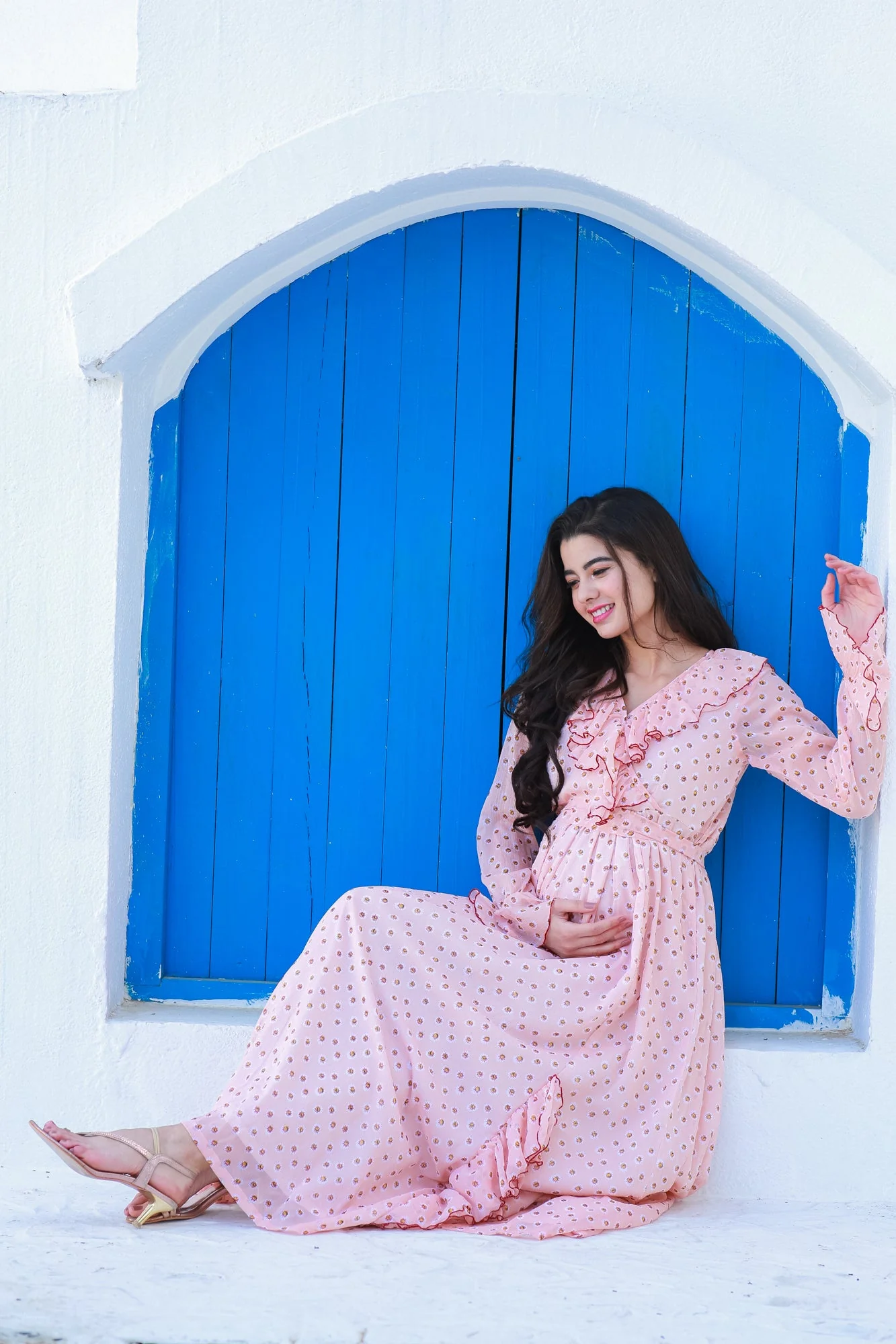 Miami Peach Dotted Maternity Frill Dress - Chenance