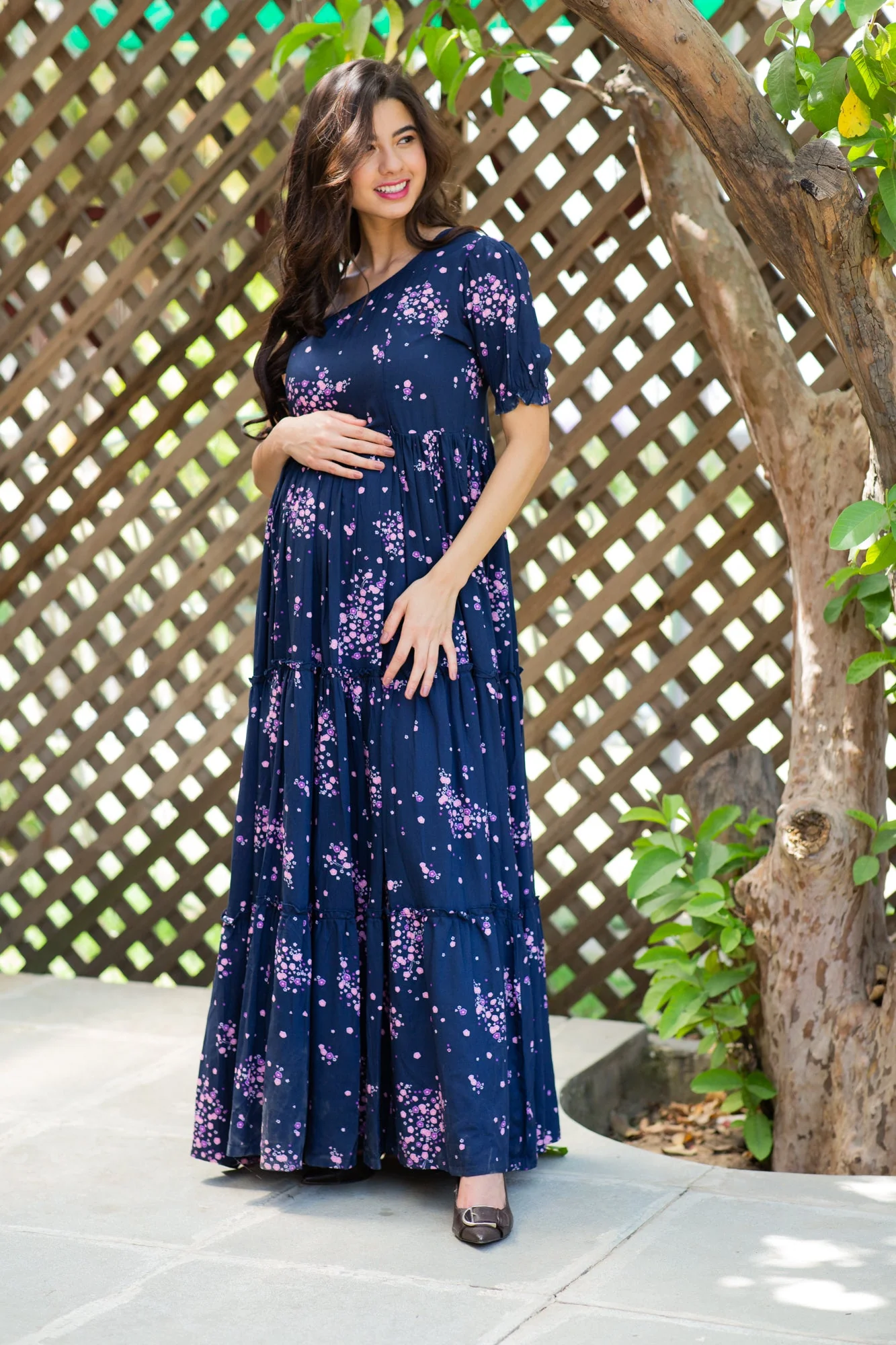 Twilight Floral Maternity & Nursing One-Shoulder Viscose Dress - Chenance