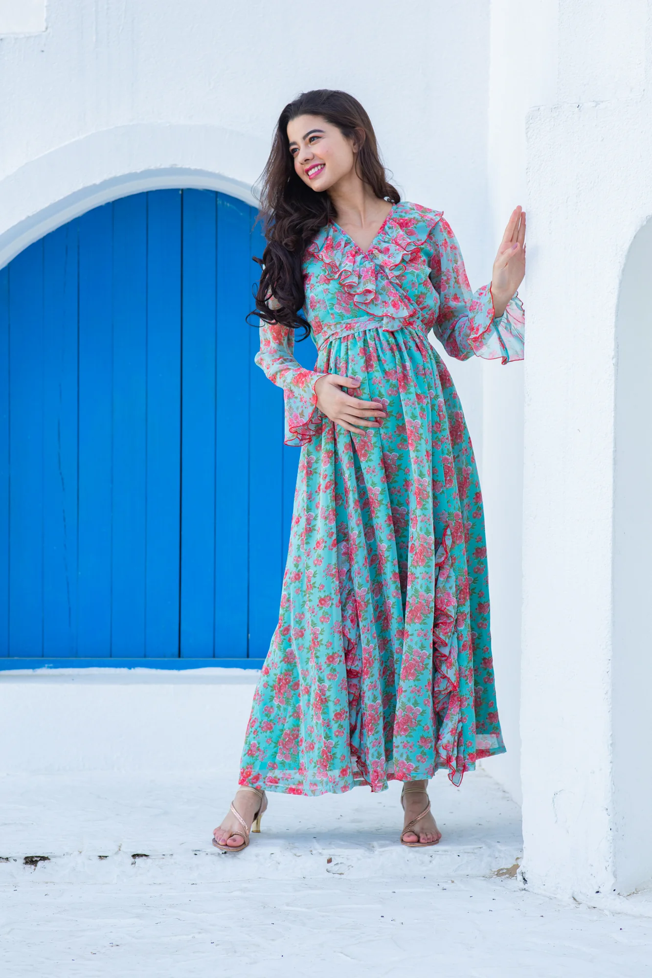 Pretty Aqua Pink Fresh Blossom Maternity Frill Dress - Chenance