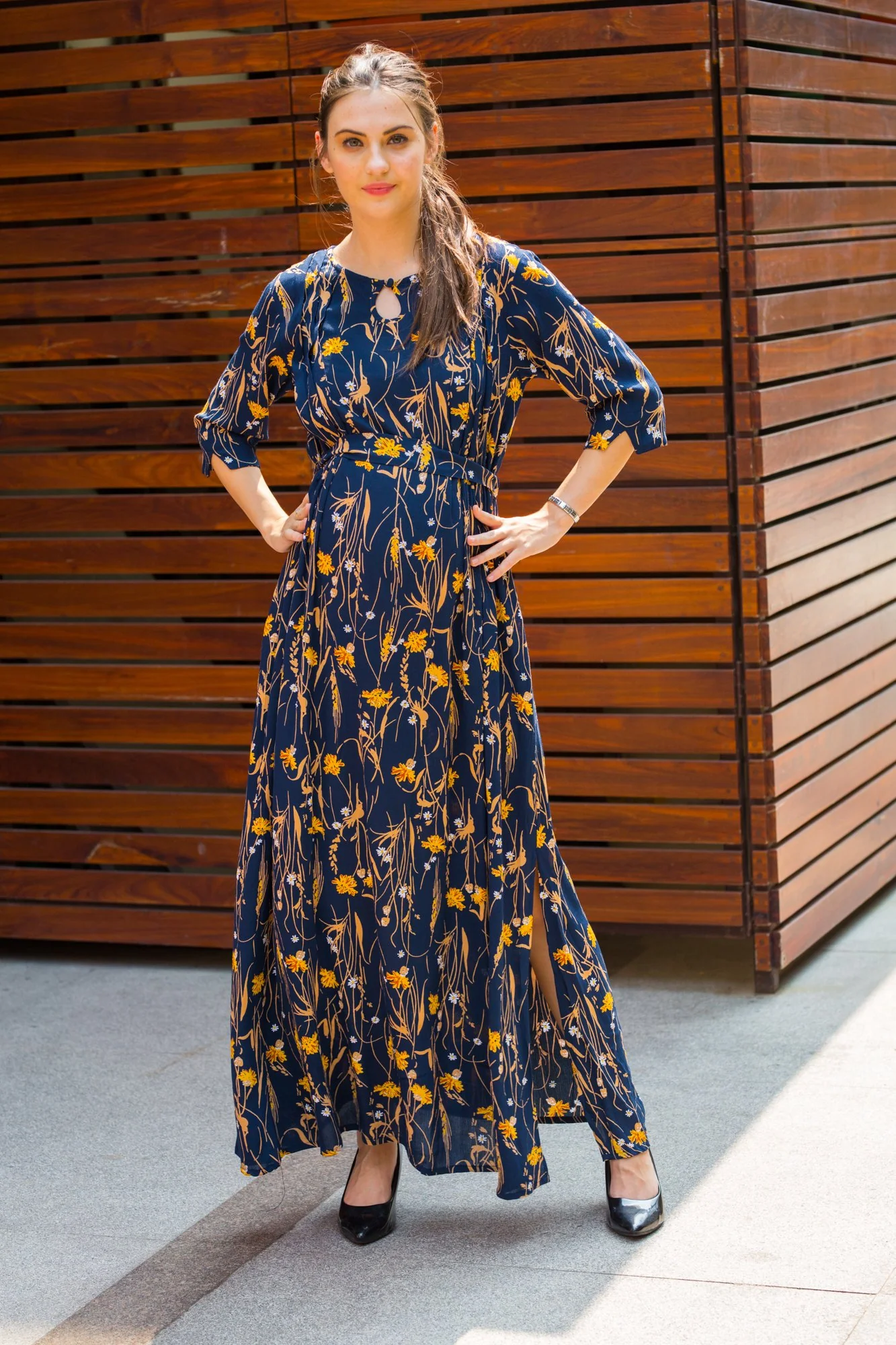 Azure Ebony Side Slit Maternity & Feeding Dress - Chenance