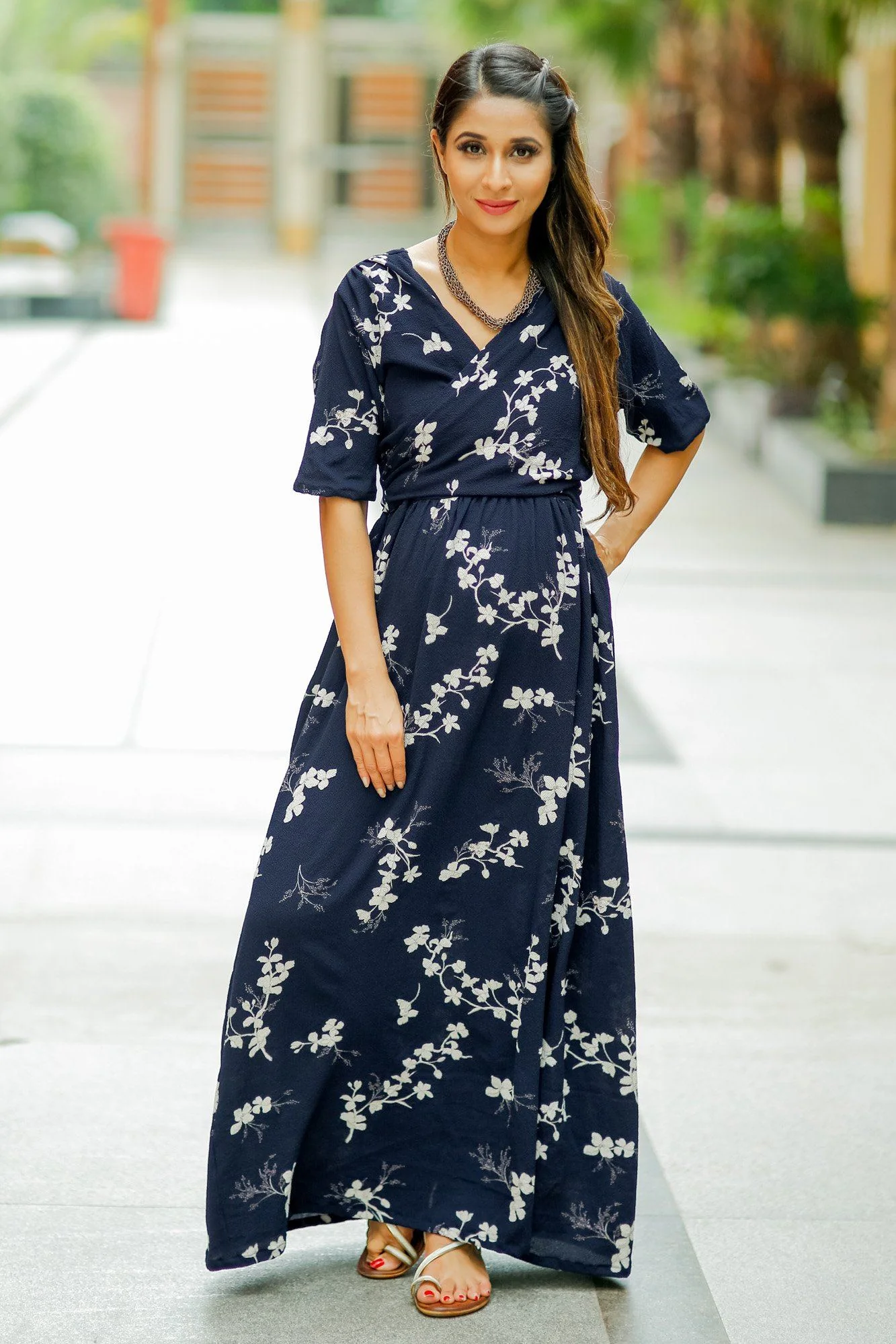 Luxe Navy Pearl Bubble Georgette Maternity & Nursing Wrap Dress - Chenance