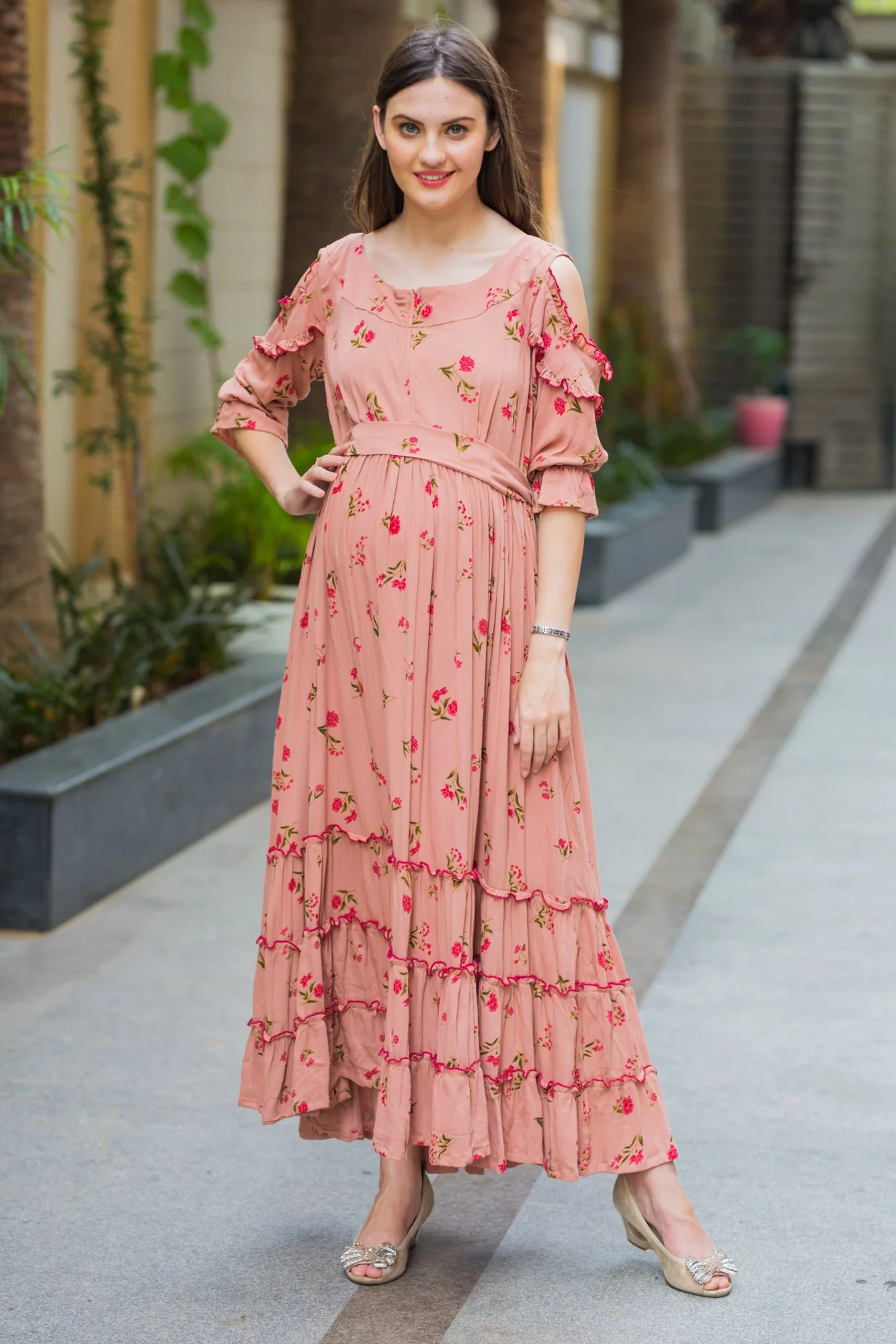Peach Hawaiin Floral Frill Maternity & Nursing Maxi - Chenance