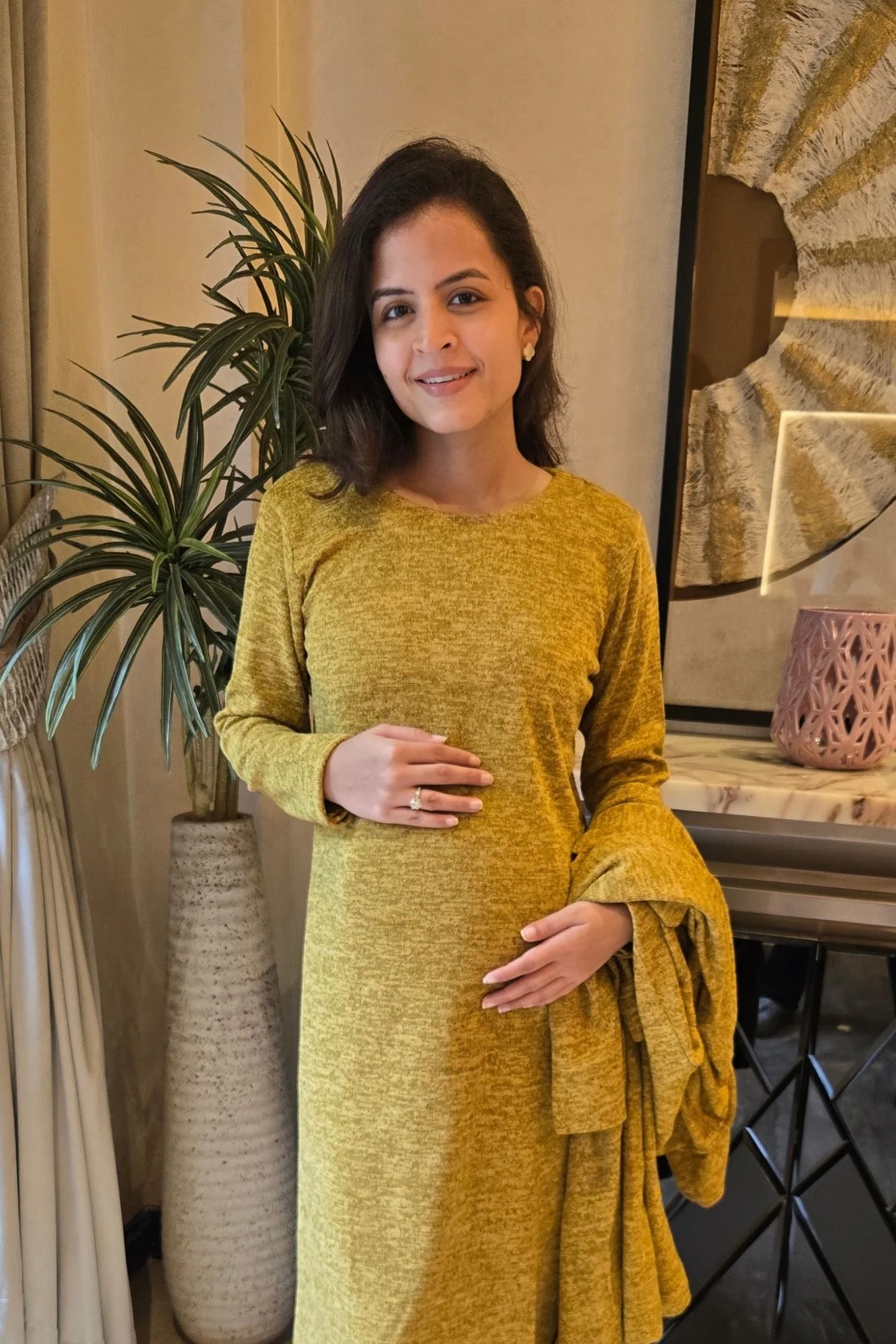 Breezy Mustard Maternity Winter Dress With Cover Up (2pc) - Chenance