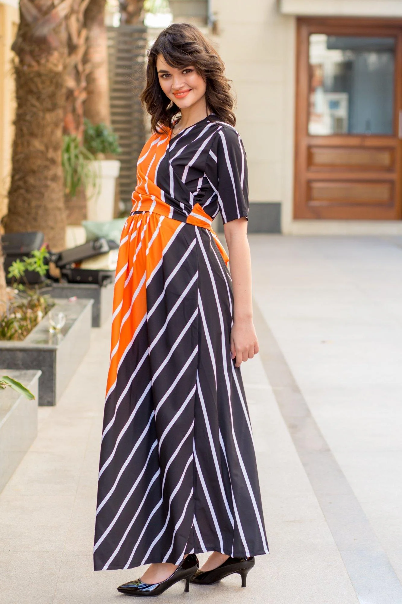 Tangerine Jade Striped Maternity & Nursing Wrap Dress - Chenance