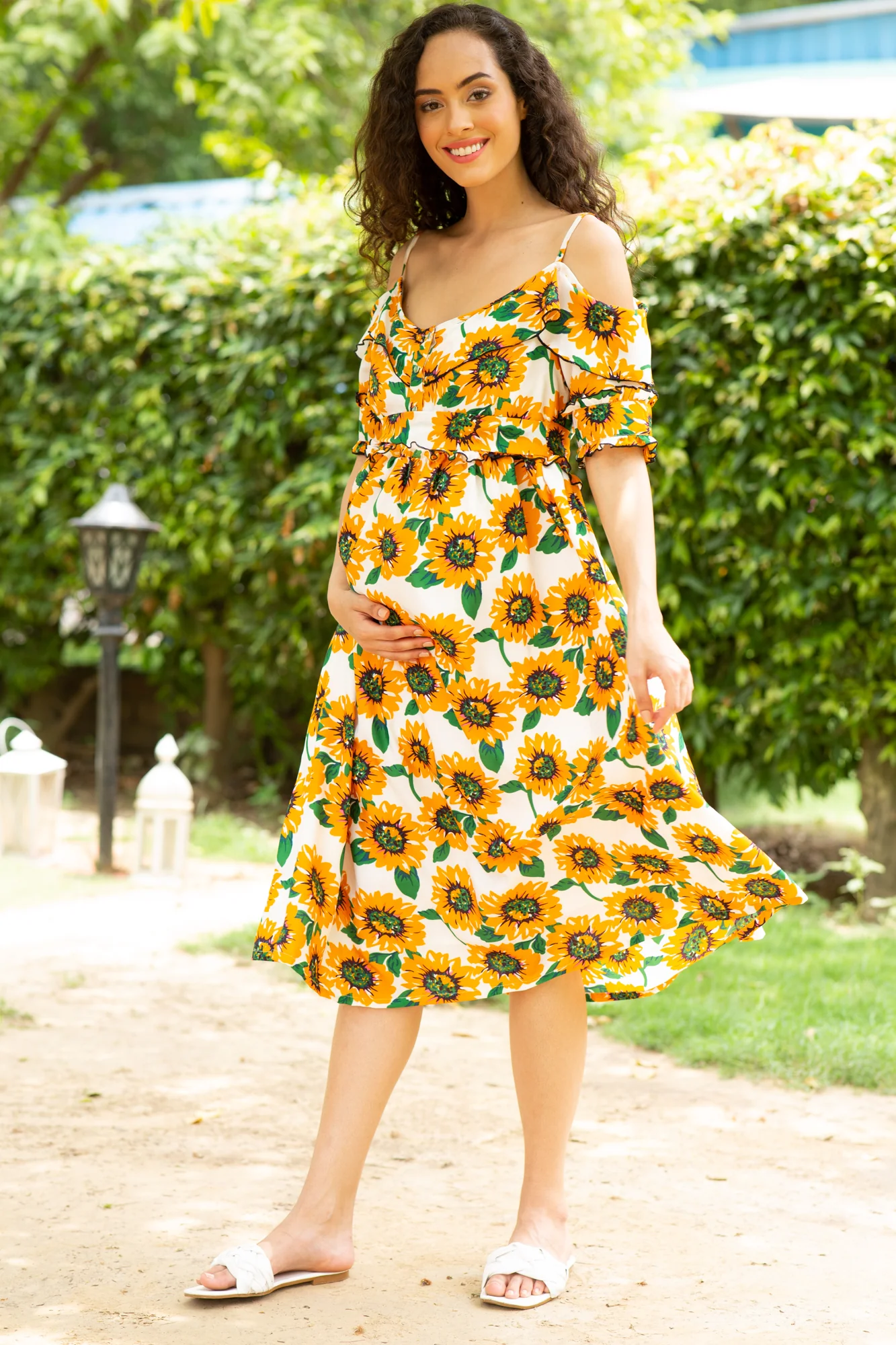 Merry Blossom Yellow Off Shoulder Front Zip Maternity & Nursing Dress - Chenance