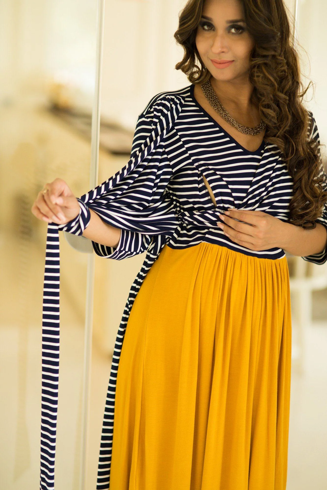 Nautical Mustard Orange Maternity & Nursing Wrap Dress - Chenance