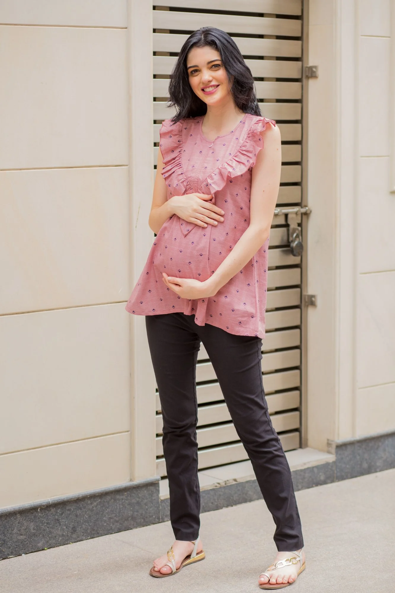 Pastel Red Pattern Frill Maternity & Nursing Top - Chenance