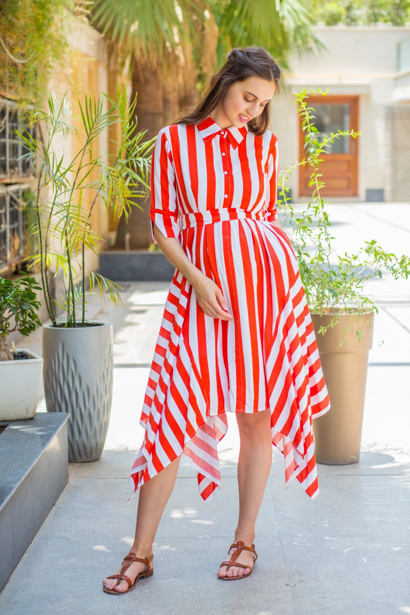 Candy Red Striped Maternity & Nursing Assymetrical Dress - Chenance