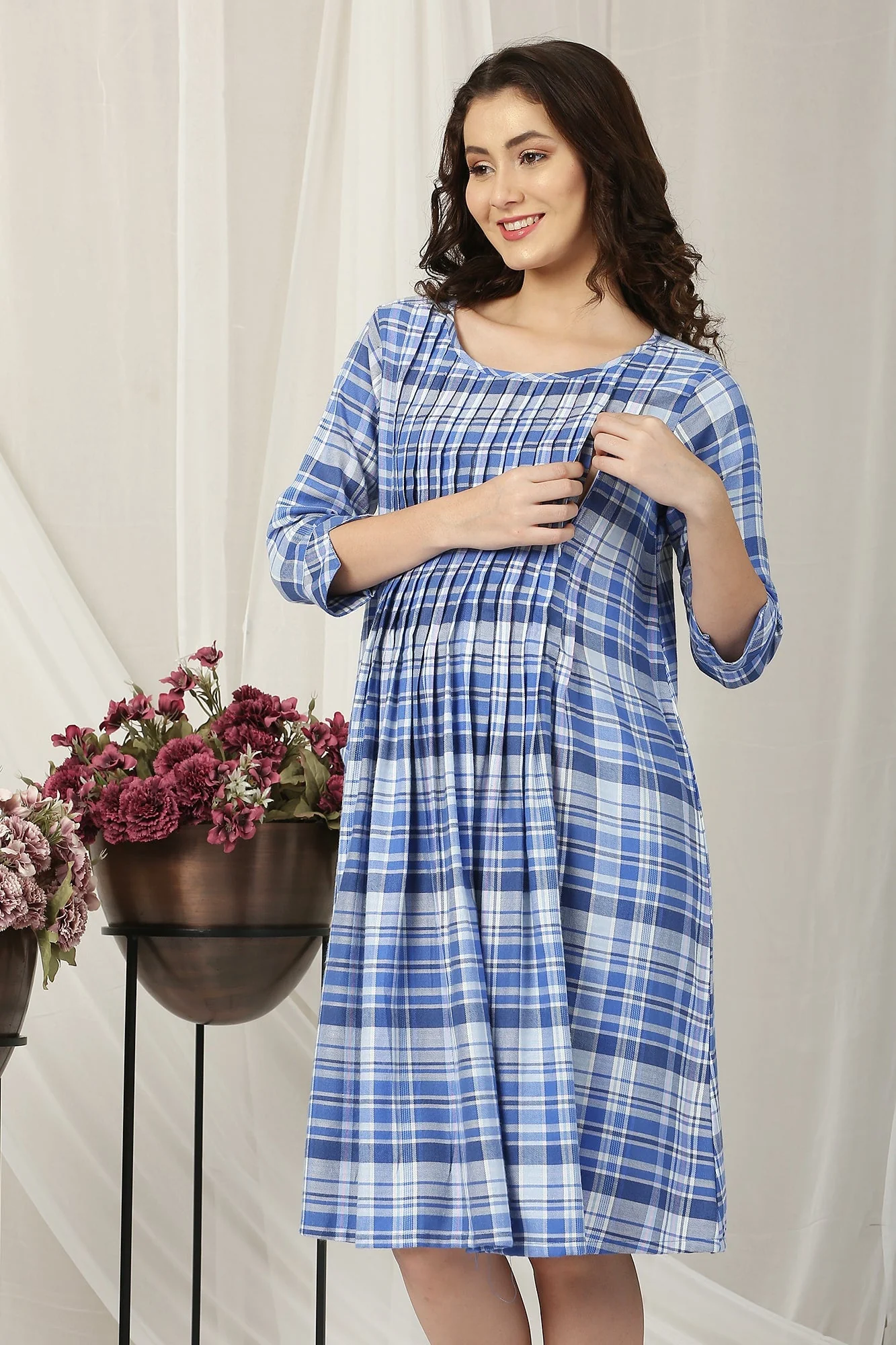 Blue Checks Maternity & Nursing Pintuck Dress - Chenance