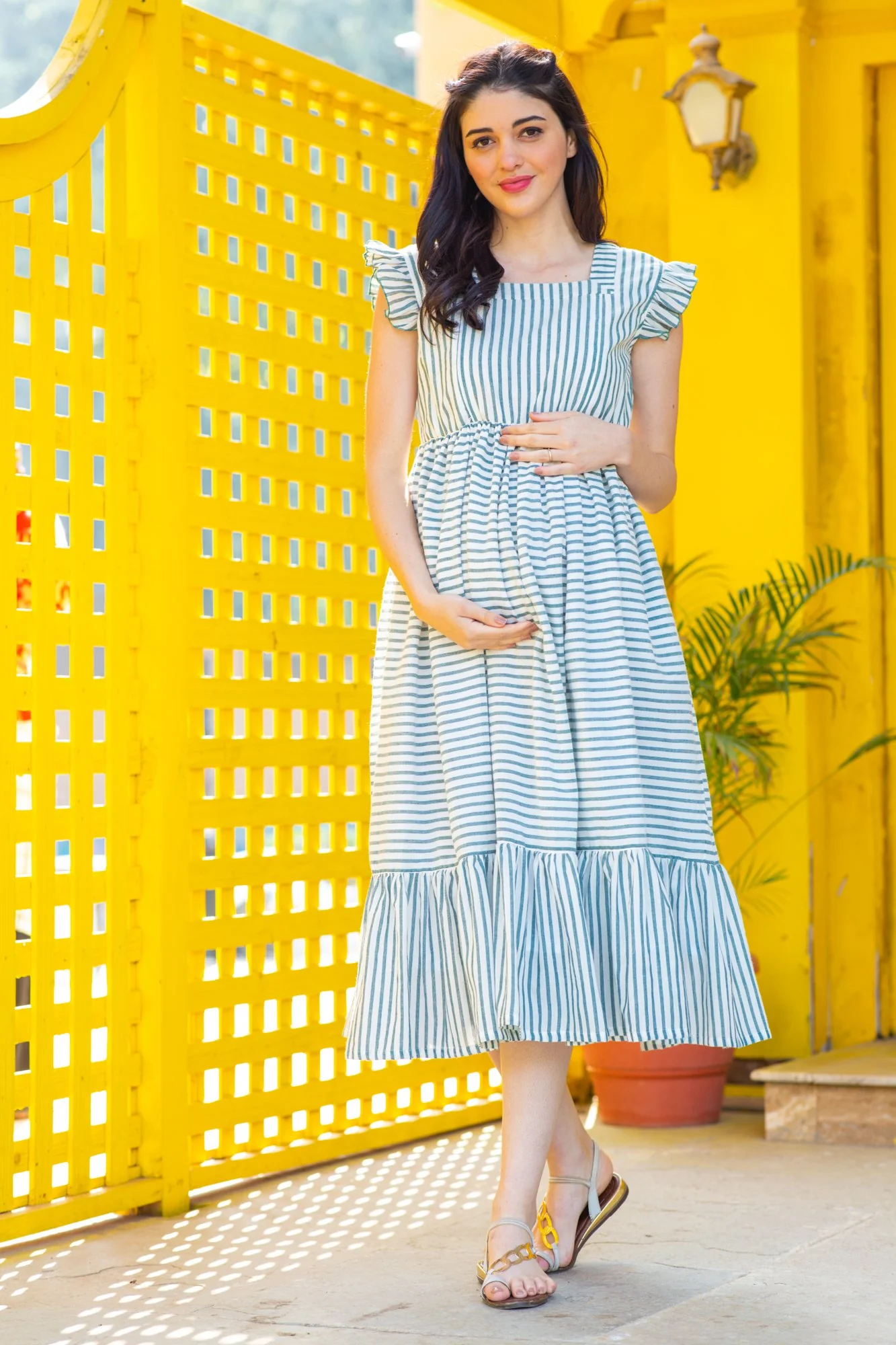 Sage Striped Maternity & Nursing Frill Dress - Chenance